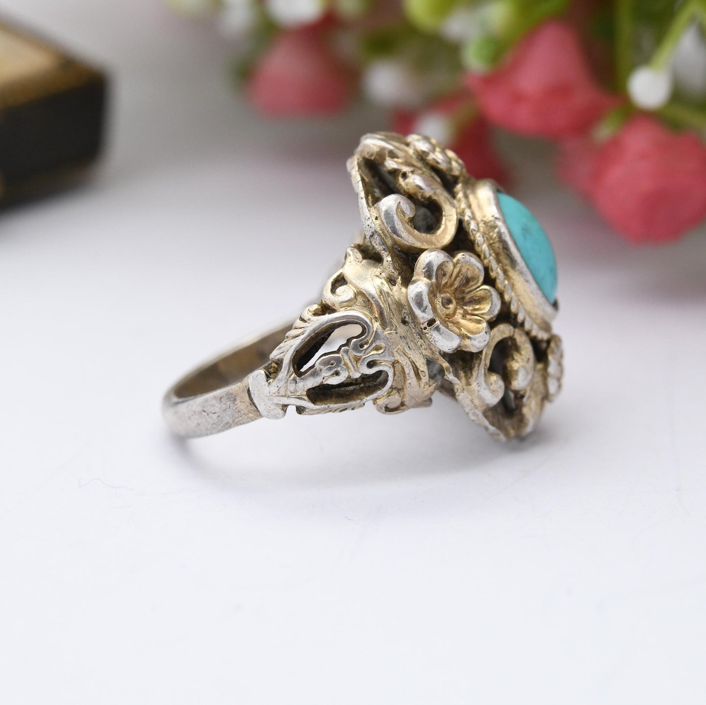 Antique Austro-Hungarian Sterling Silver Turquoise Ring c. 1900 - Ornate Statement Dress Ring | UK Size - O | US Size - 7 1/2