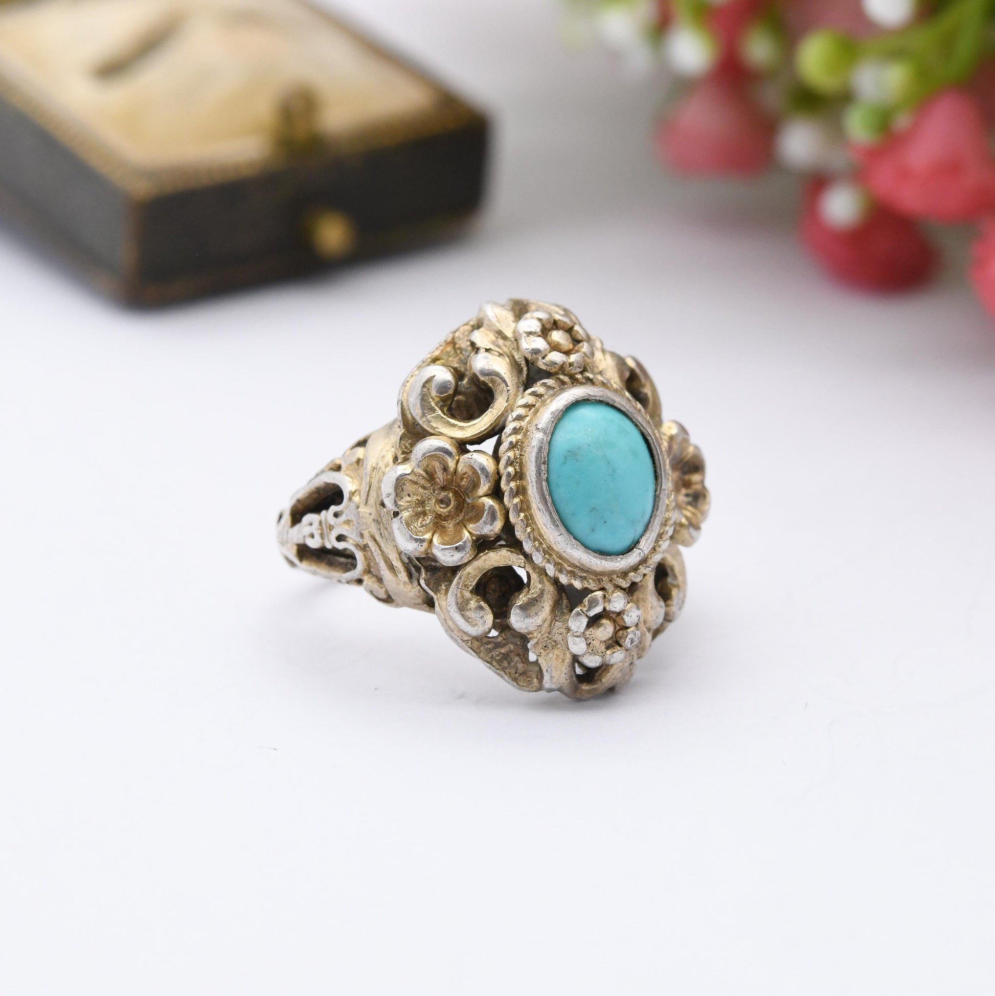 Antique Austro-Hungarian Sterling Silver Turquoise Ring c. 1900 - Ornate Statement Dress Ring | UK Size - O | US Size - 7 1/2