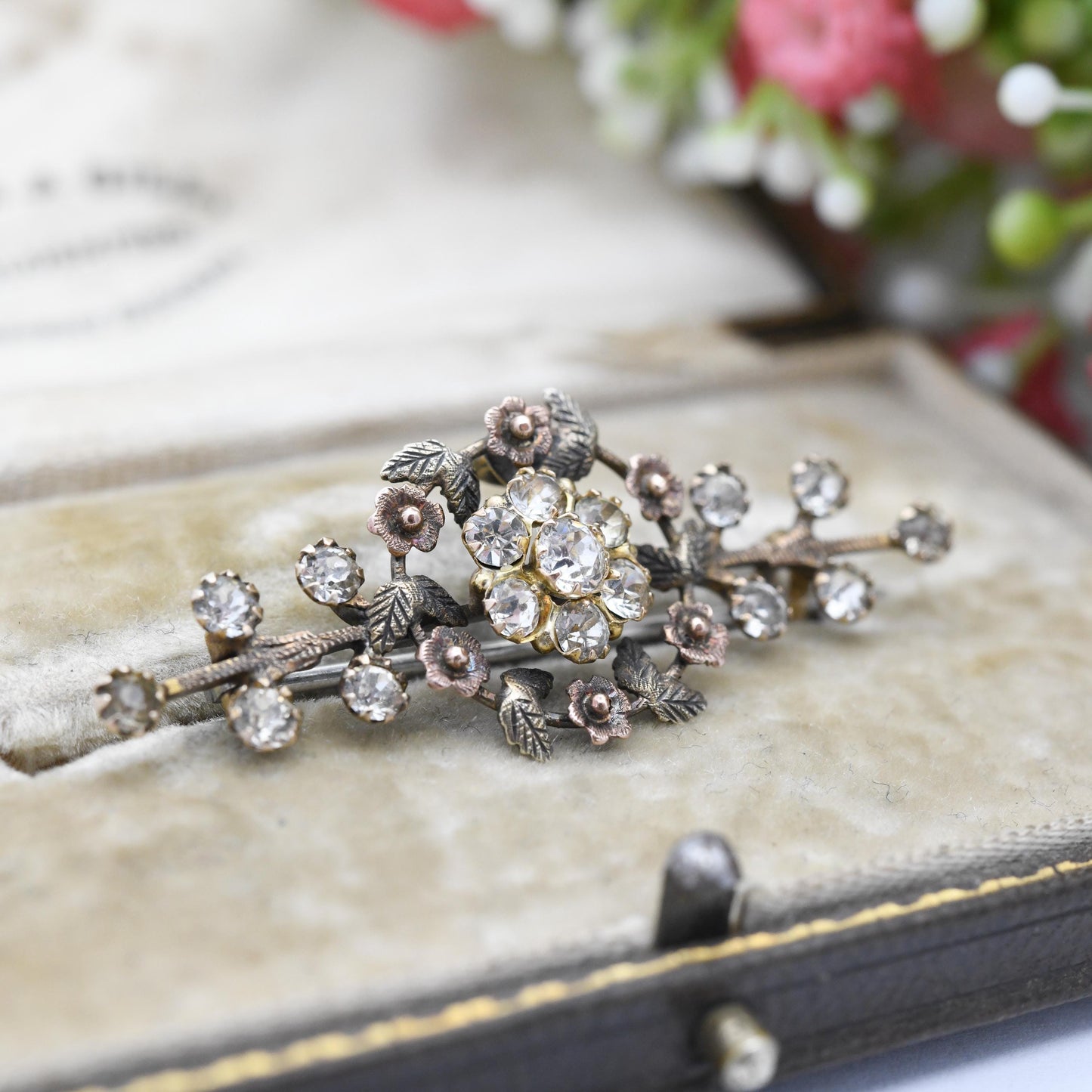 Antique Edwardian 9ct Gold Paste Flower Bar Brooch c. 1910s - Two Tone Yellow and Rose Gold Floral Brooch