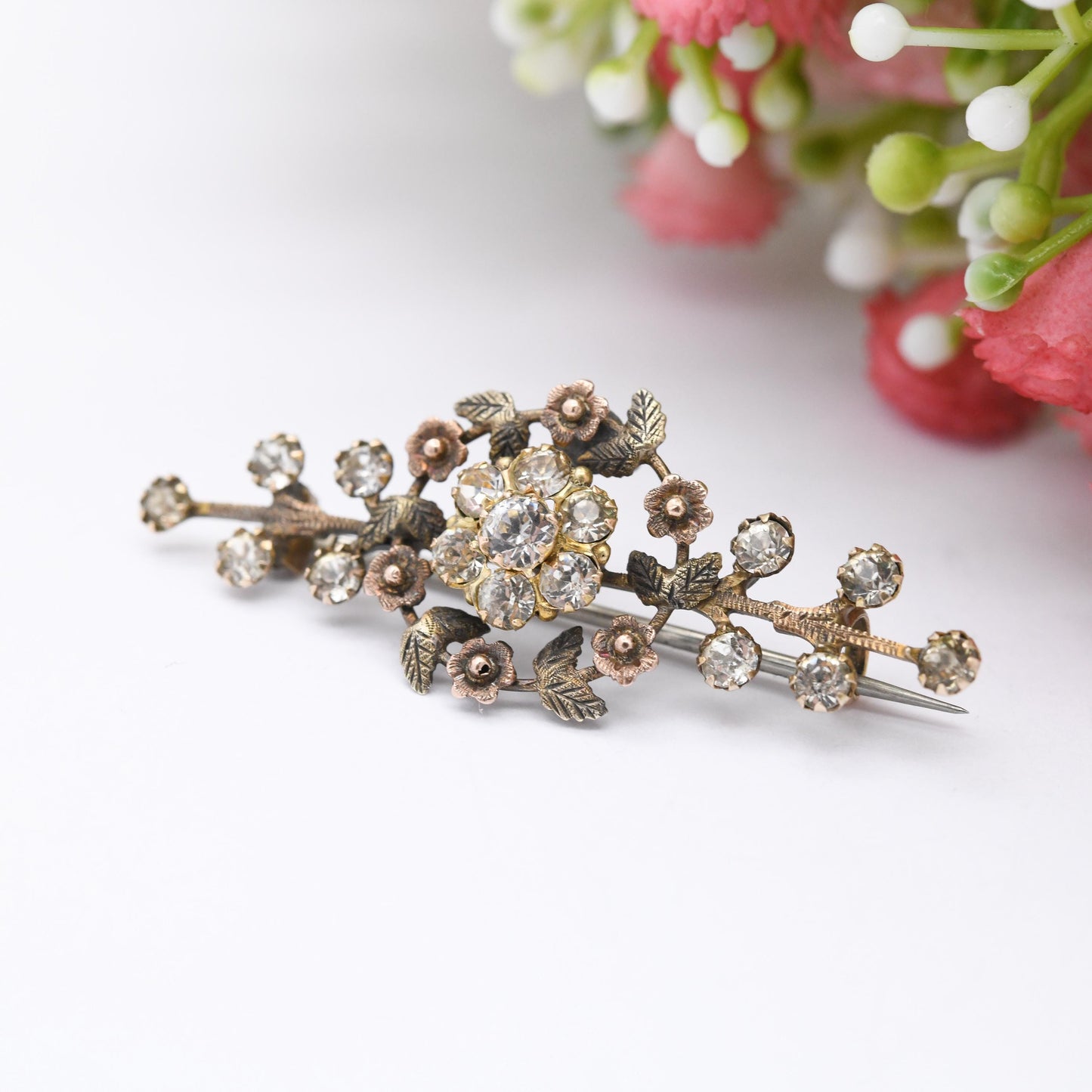 Antique Edwardian 9ct Gold Paste Flower Bar Brooch c. 1910s - Two Tone Yellow and Rose Gold Floral Brooch