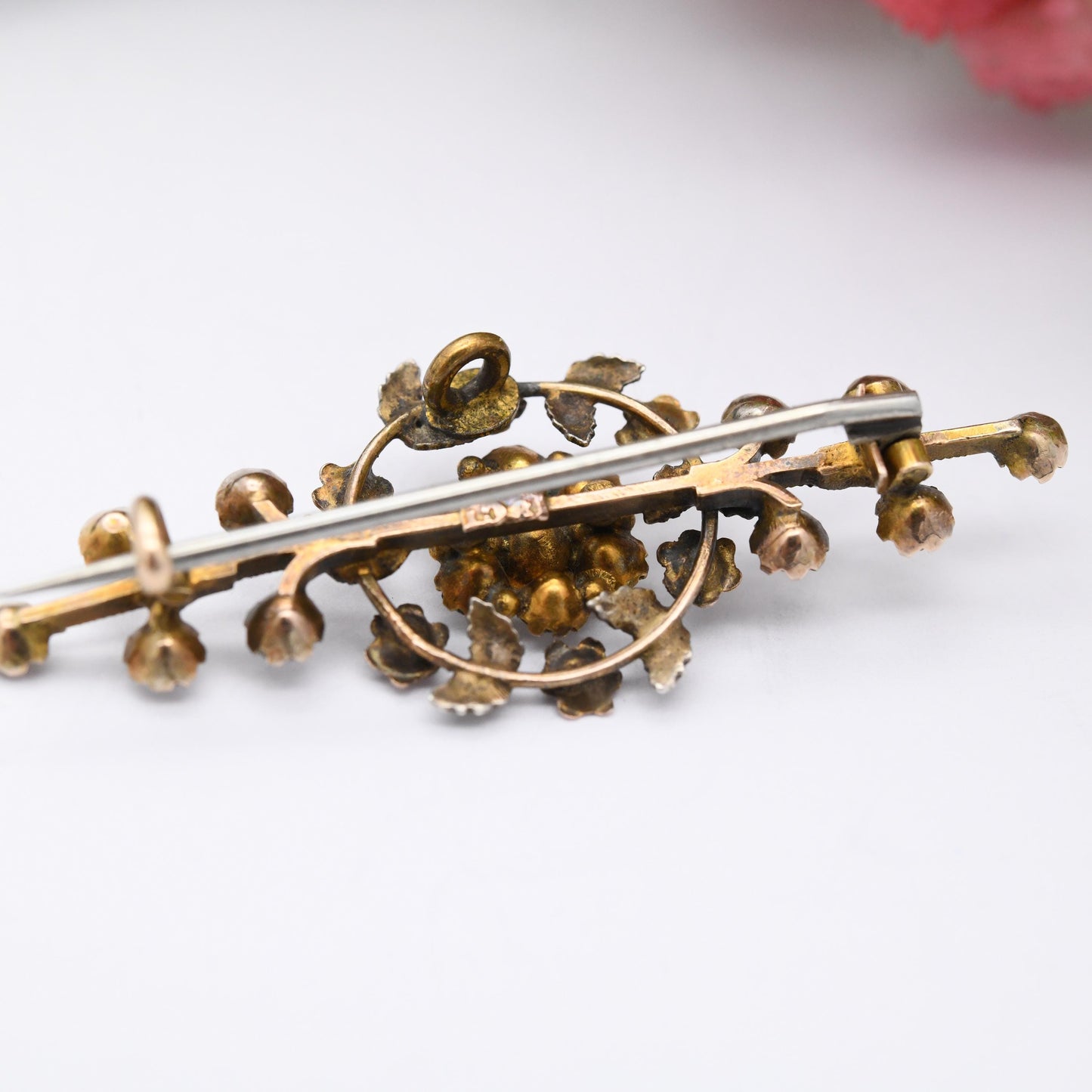 Antique Edwardian 9ct Gold Paste Flower Bar Brooch c. 1910s - Two Tone Yellow and Rose Gold Floral Brooch