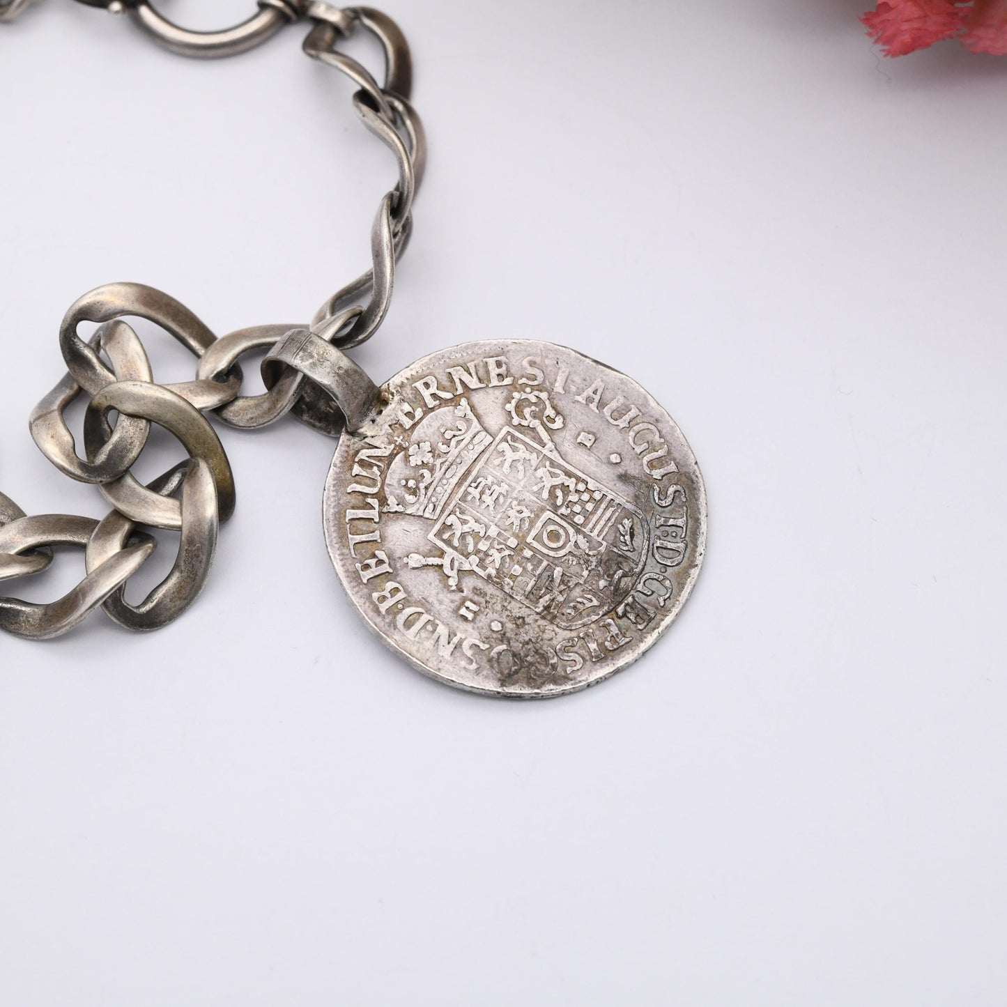 Antique European Silver Chain with Deer Teeth Pendant and Collectable Coins - Hungary 1686 15 Kreuzers and German States 1692 2/3 Thaler