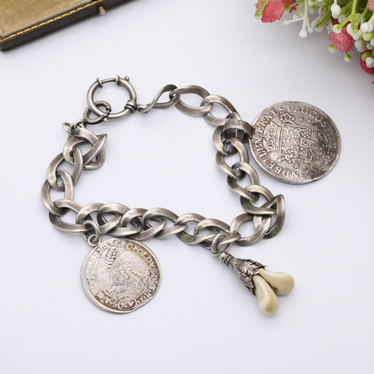 Antique European Silver Chain with Deer Teeth Pendant and Collectable Coins - Hungary 1686 15 Kreuzers and German States 1692 2/3 Thaler