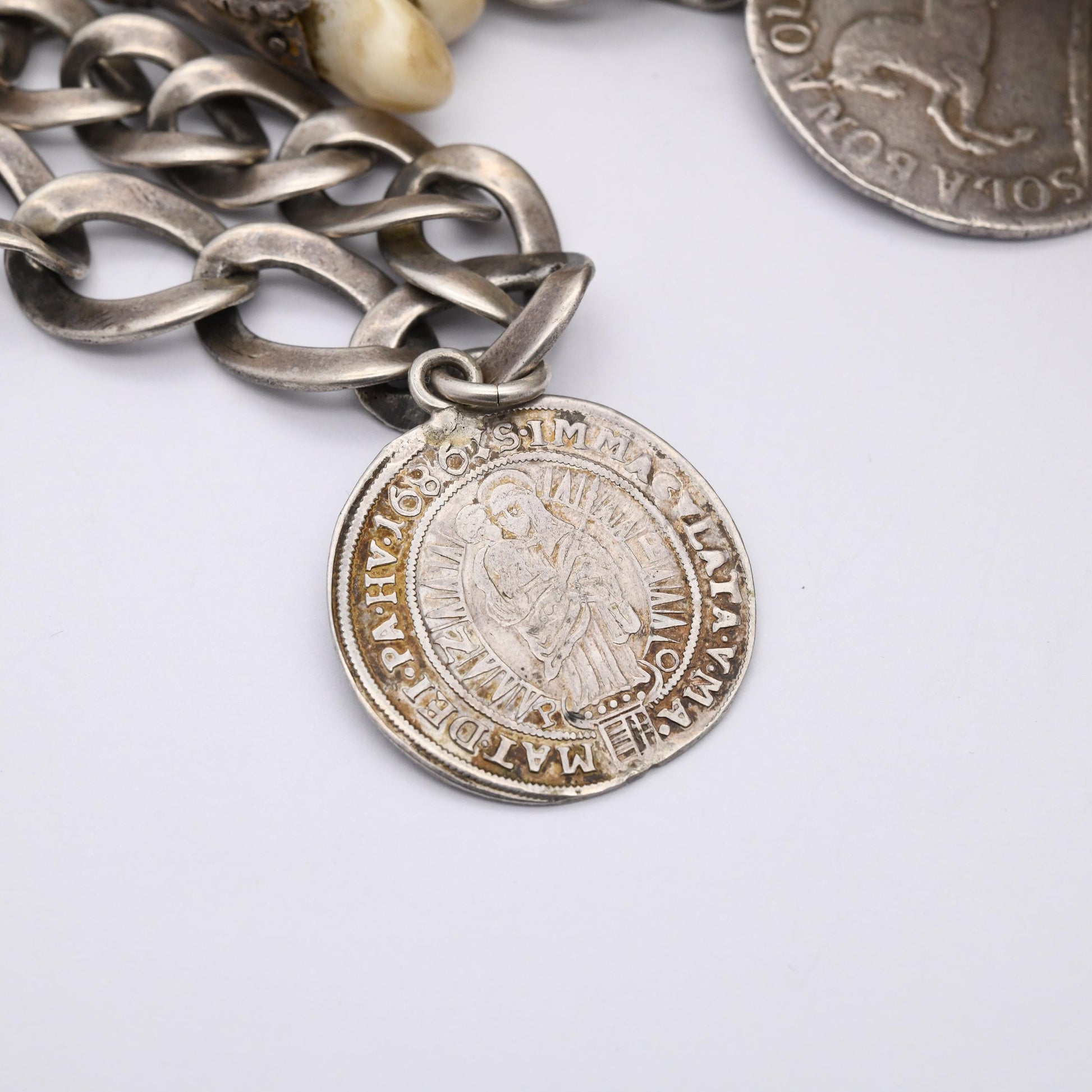 Antique European Silver Chain with Deer Teeth Pendant and Collectable Coins - Hungary 1686 15 Kreuzers and German States 1692 2/3 Thaler
