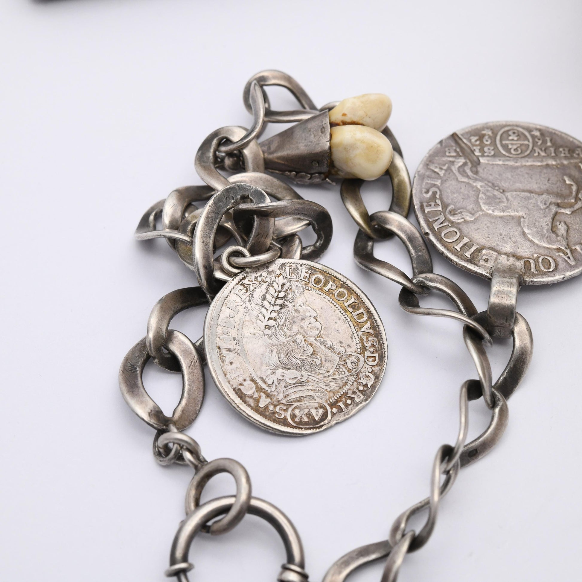 Antique European Silver Chain with Deer Teeth Pendant and Collectable Coins - Hungary 1686 15 Kreuzers and German States 1692 2/3 Thaler