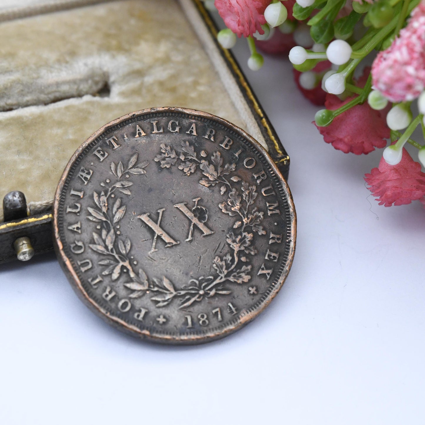Antique 1874 Portuguese 20 Reis Copper Coin Rarer Example 4 with Foot - Louis I Portugal Real