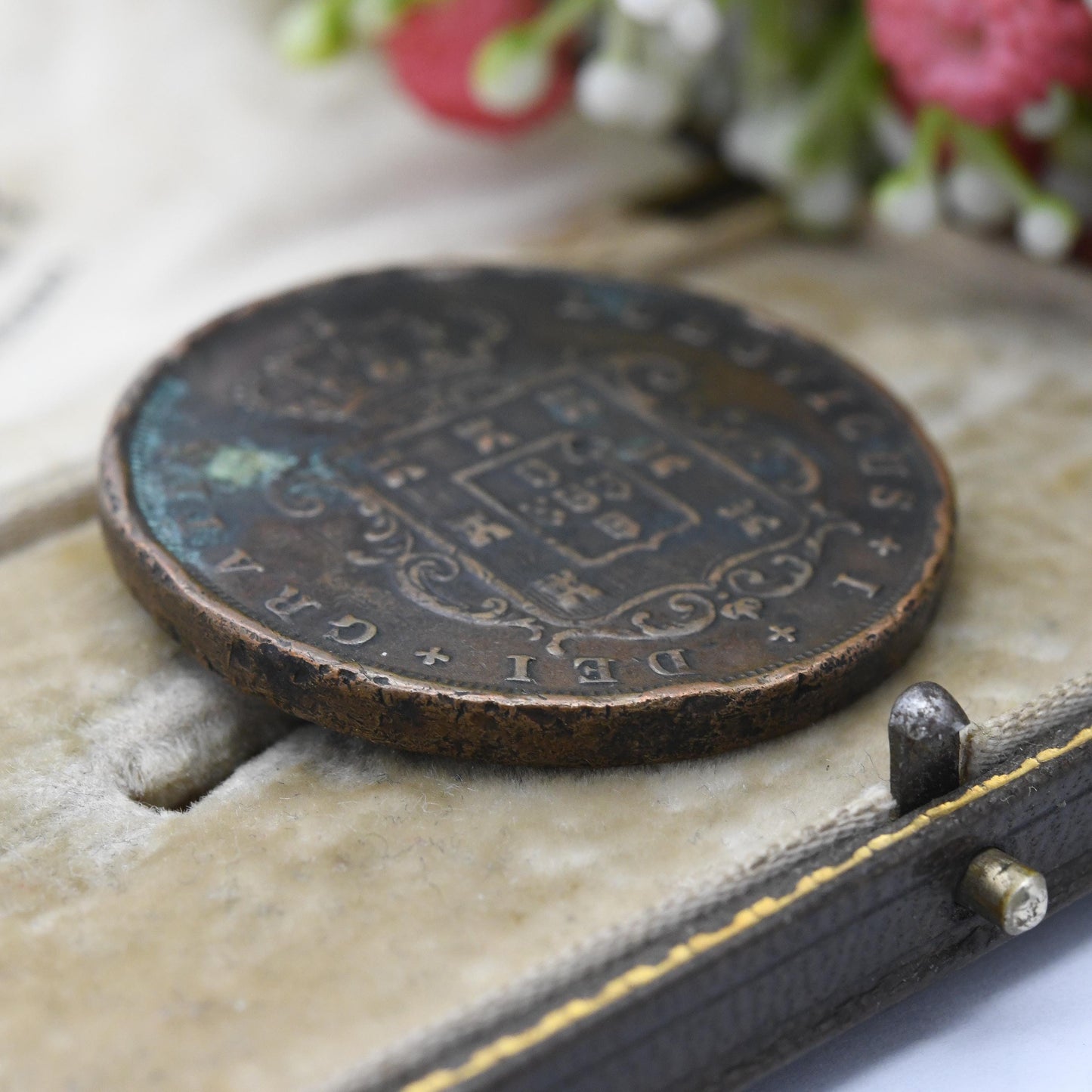 Antique 1874 Portuguese 20 Reis Copper Coin Rarer Example 4 with Foot - Louis I Portugal Real