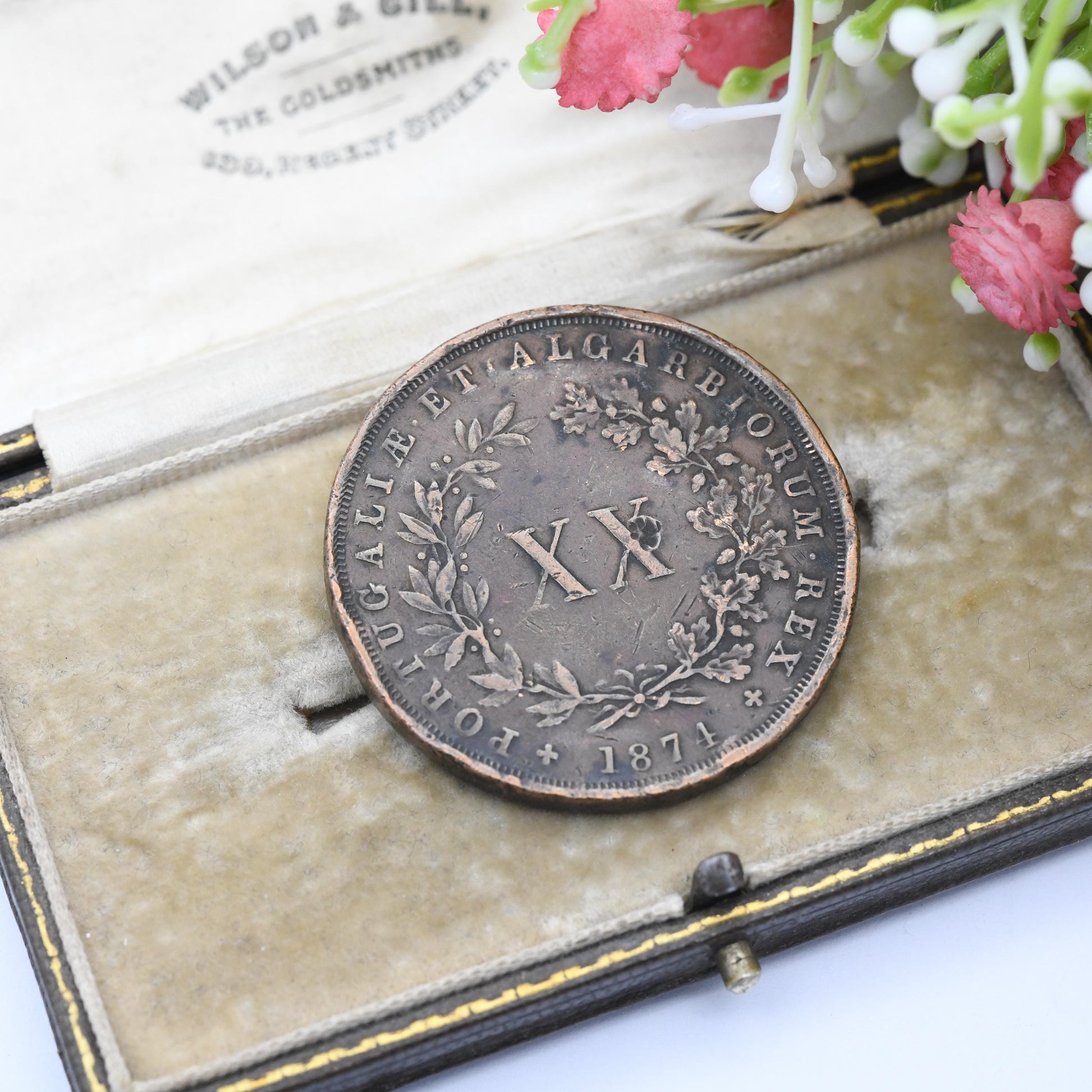 Antique 1874 Portuguese 20 Reis Copper Coin Rarer Example 4 with Foot - Louis I Portugal Real