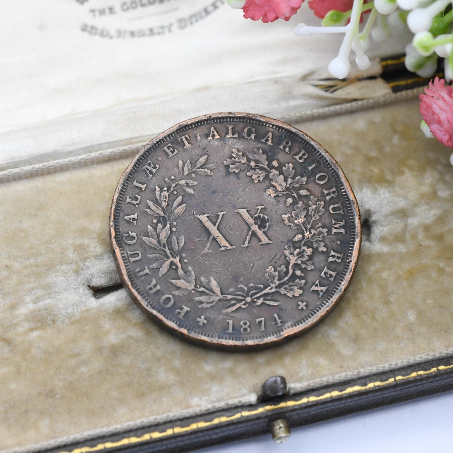 Antique 1874 Portuguese 20 Reis Copper Coin Rarer Example 4 with Foot - Louis I Portugal Real