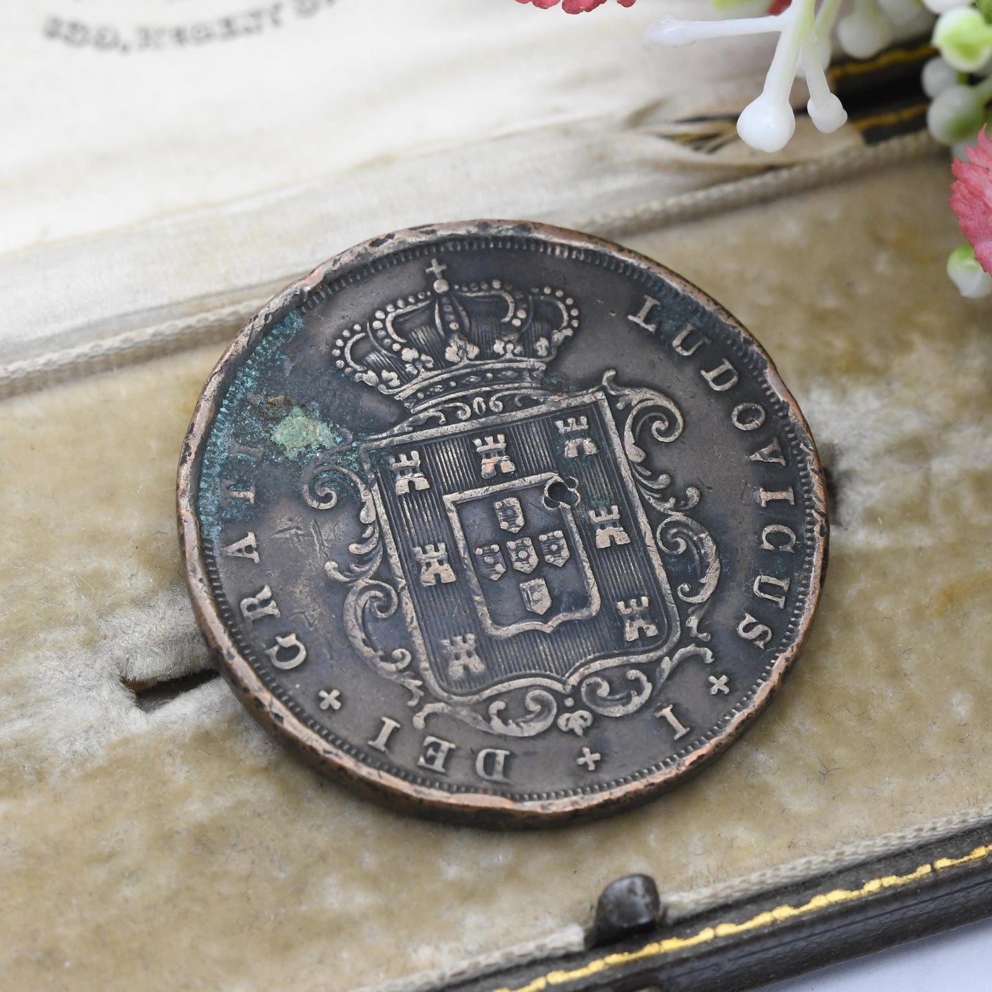 Antique 1874 Portuguese 20 Reis Copper Coin Rarer Example 4 with Foot - Louis I Portugal Real