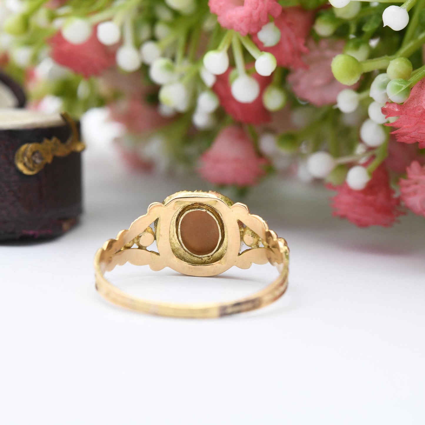 Antique Georgian Gold Cameo Ring with Seed Pearl Halo c. 1830 - Miniature Hand Carved Shell Cameo | UK Size - U 1/2 | US Size - 10 1/2