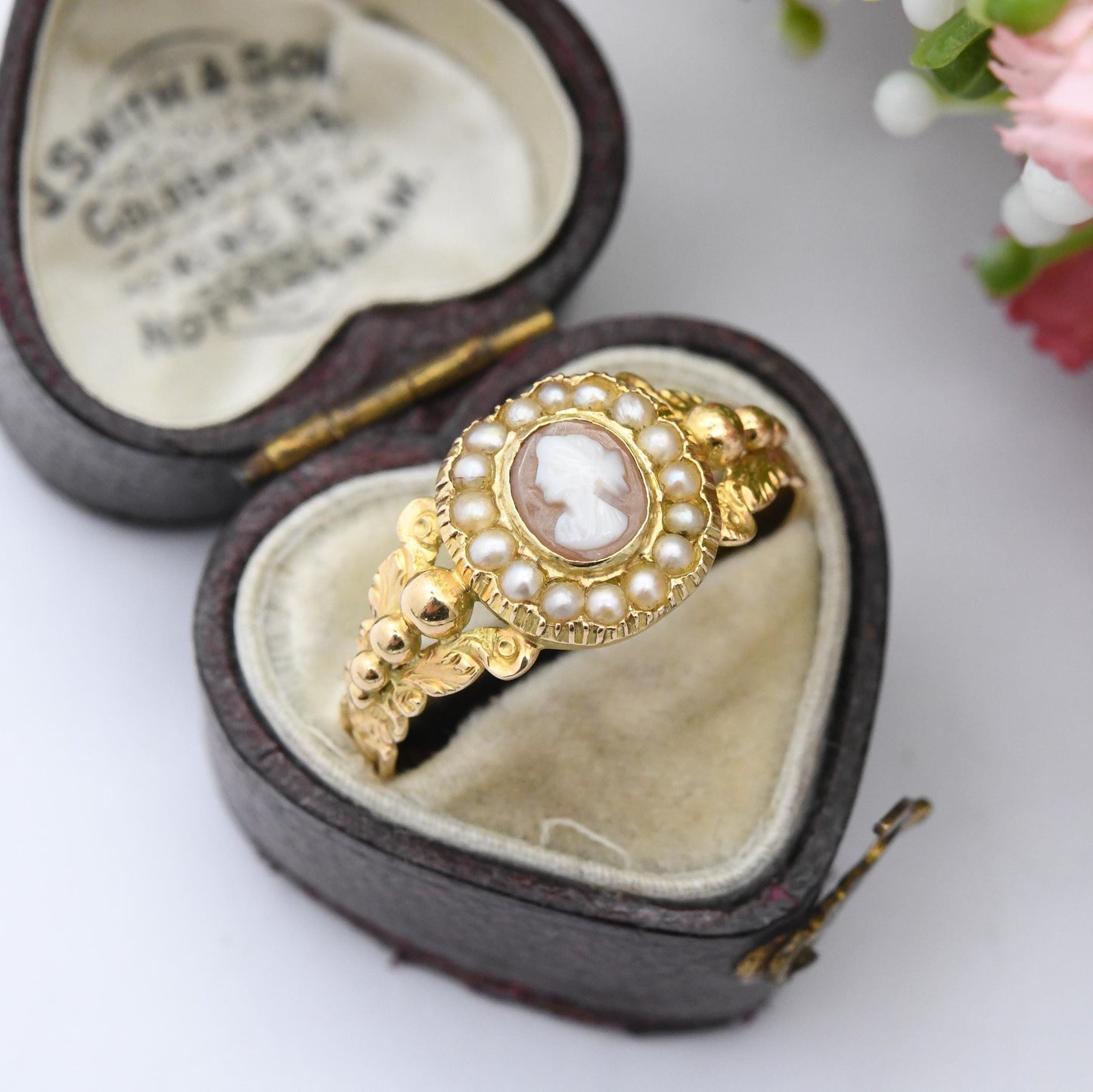 Antique Georgian Gold Cameo Ring with Seed Pearl Halo c. 1830 - Miniature Hand Carved Shell Cameo | UK Size - U 1/2 | US Size - 10 1/2