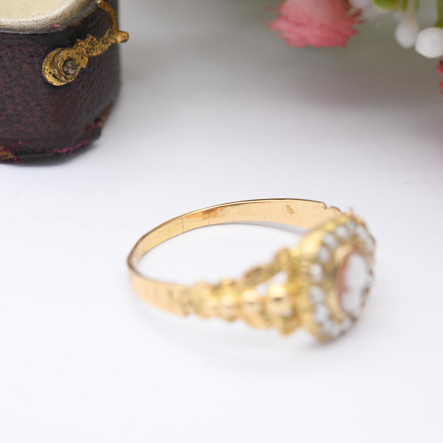 Antique Georgian Gold Cameo Ring with Seed Pearl Halo c. 1830 - Miniature Hand Carved Shell Cameo | UK Size - U 1/2 | US Size - 10 1/2