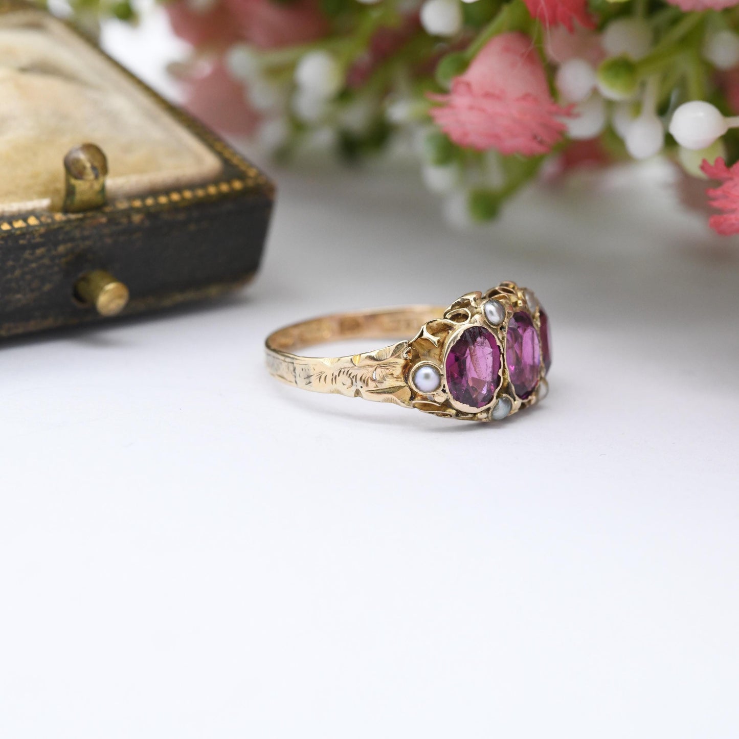 Antique Victorian 15ct Gold Rhodolite Garnet Three Stone Ring with Seed Pearls 1871 - Purple Stone Trilogy Ring | UK Size - N | US Size - 7