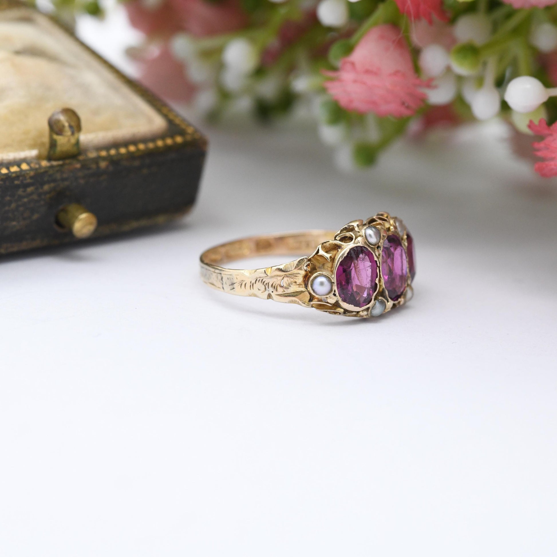 Antique Victorian 15ct Gold Rhodolite Garnet Three Stone Ring with Seed Pearls 1871 - Purple Stone Trilogy Ring | UK Size - N | US Size - 7