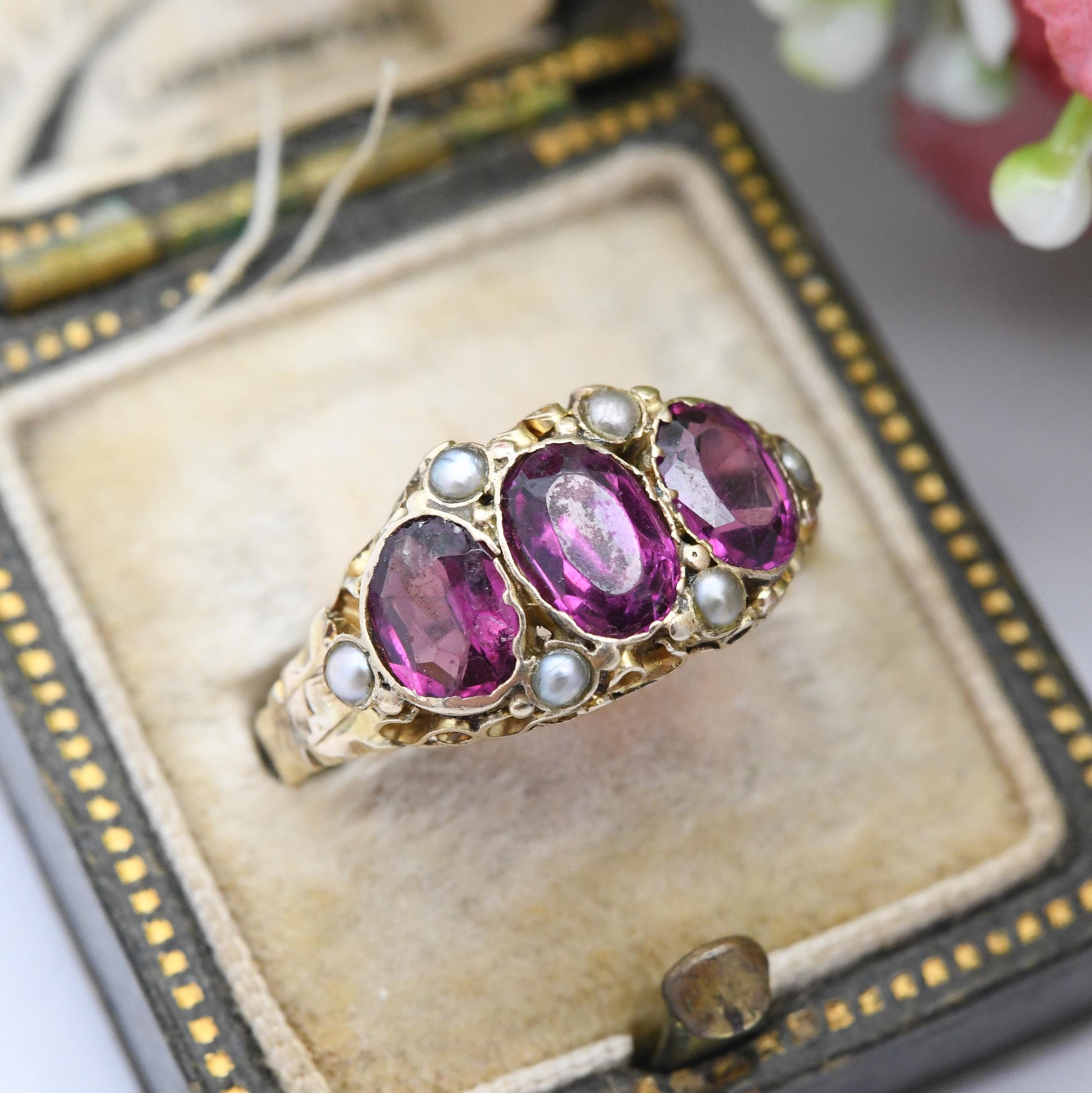 Antique Victorian 15ct Gold Rhodolite Garnet Three Stone Ring with Seed Pearls 1871 - Purple Stone Trilogy Ring | UK Size - N | US Size - 7