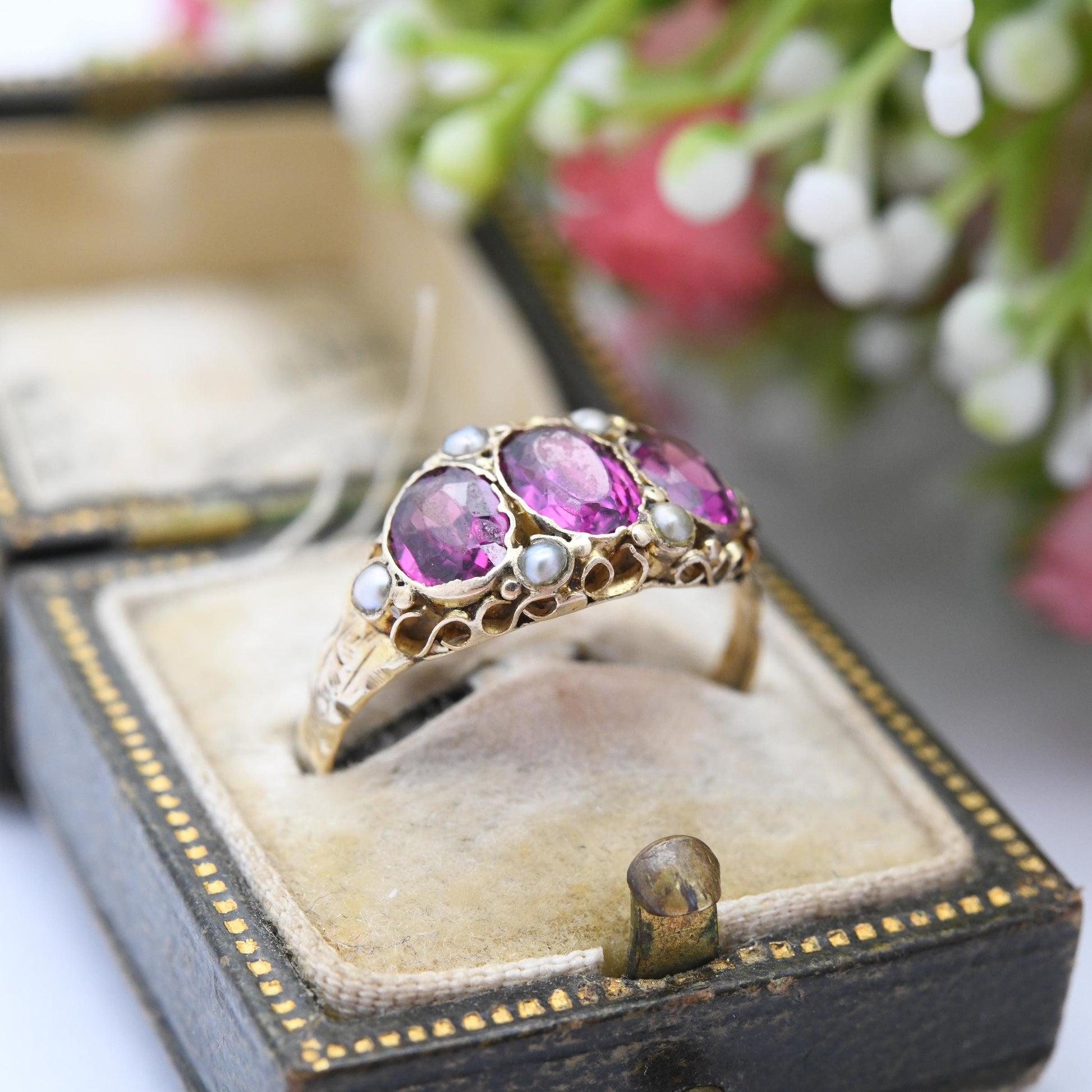 Antique Victorian 15ct Gold Rhodolite Garnet Three Stone Ring with Seed Pearls 1871 - Purple Stone Trilogy Ring | UK Size - N | US Size - 7