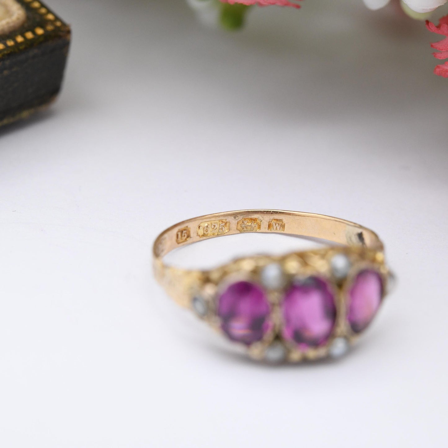 Antique Victorian 15ct Gold Rhodolite Garnet Three Stone Ring with Seed Pearls 1871 - Purple Stone Trilogy Ring | UK Size - N | US Size - 7