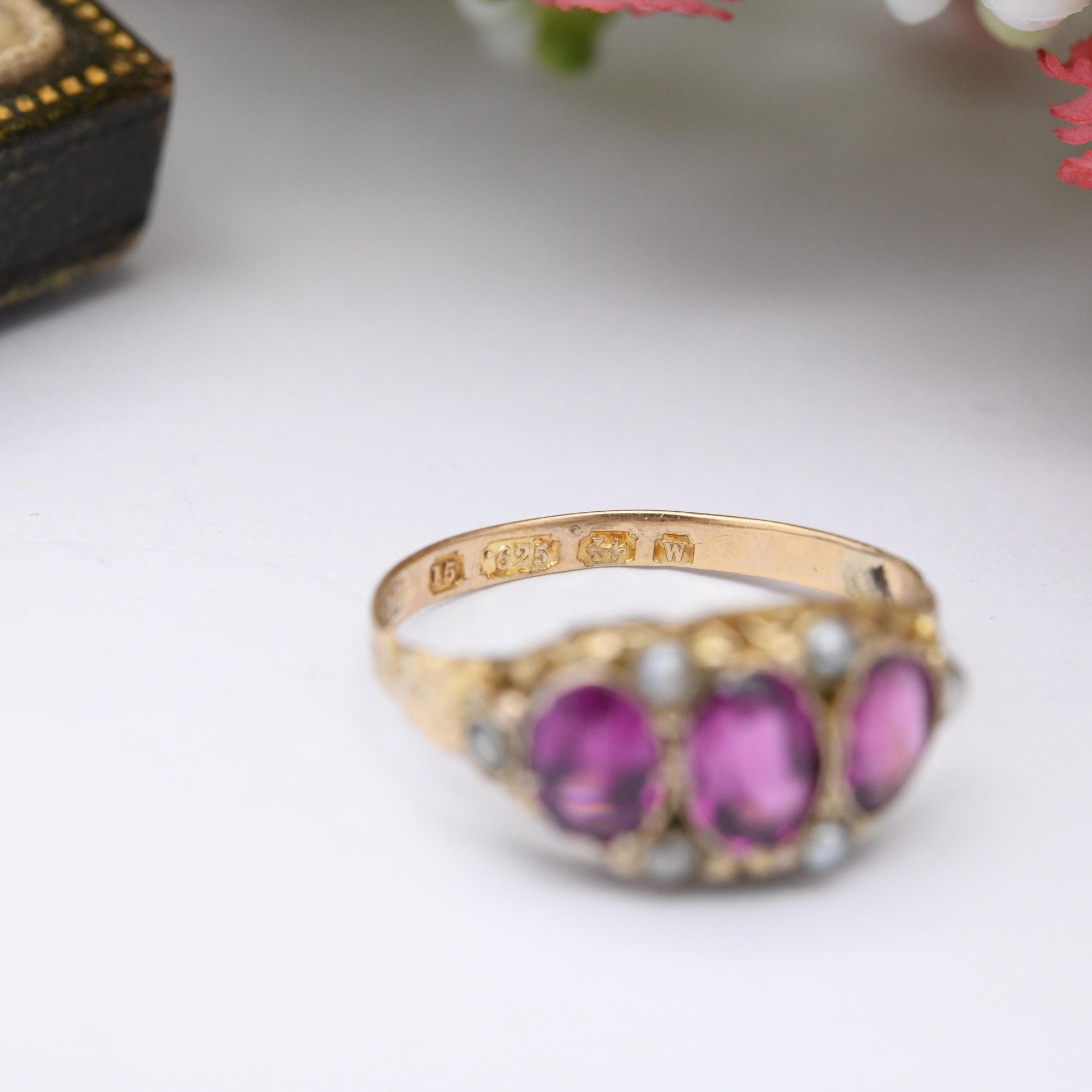 Antique Victorian 15ct Gold Rhodolite Garnet Three Stone Ring with Seed Pearls 1871 - Purple Stone Trilogy Ring | UK Size - N | US Size - 7
