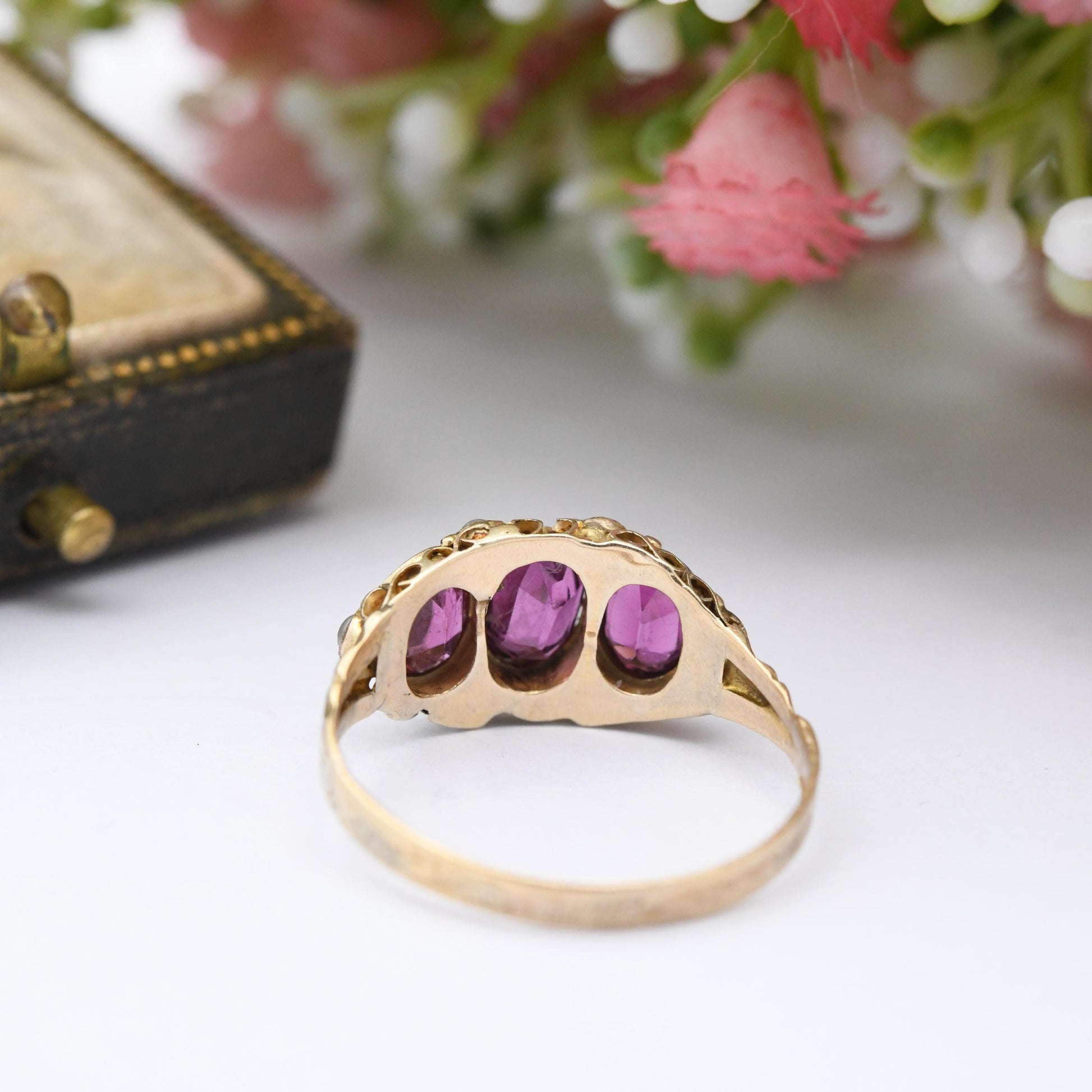 Antique Victorian 15ct Gold Rhodolite Garnet Three Stone Ring with Seed Pearls 1871 - Purple Stone Trilogy Ring | UK Size - N | US Size - 7
