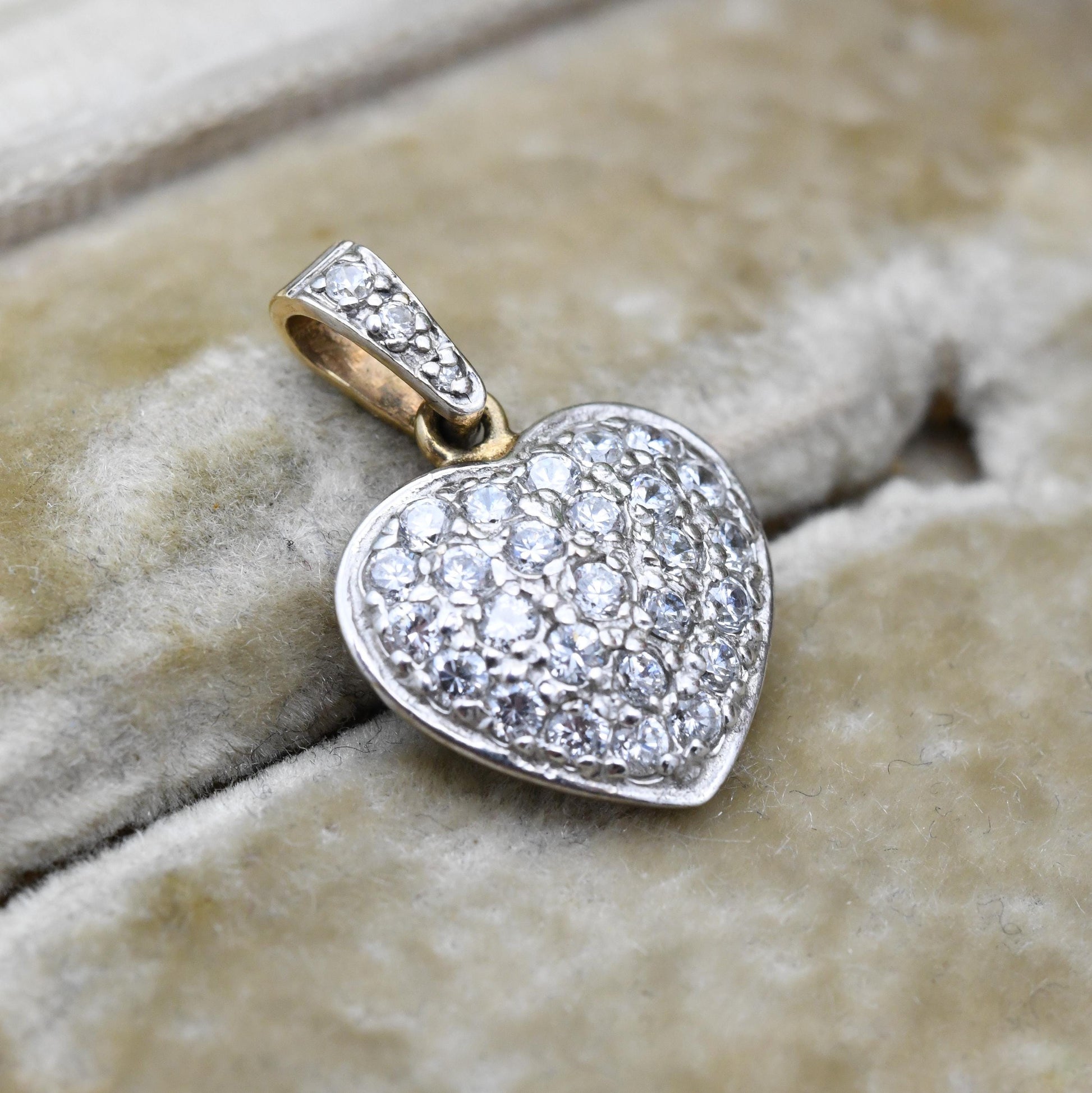 Vintage 9ct Gold Heart Pendant with Clear Stones CZ - Love Heart Charm | Gift for Her Necklace Stack