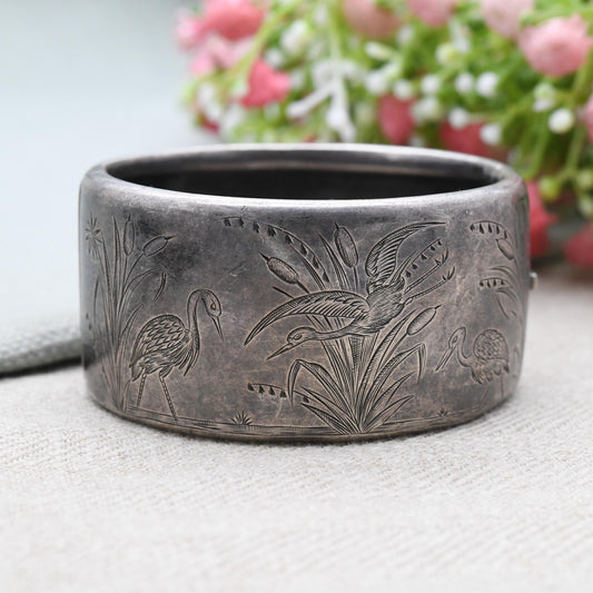 Antique Victorian Sterling Silver Aesthetic Bangle with Heron and Reed Design 1891