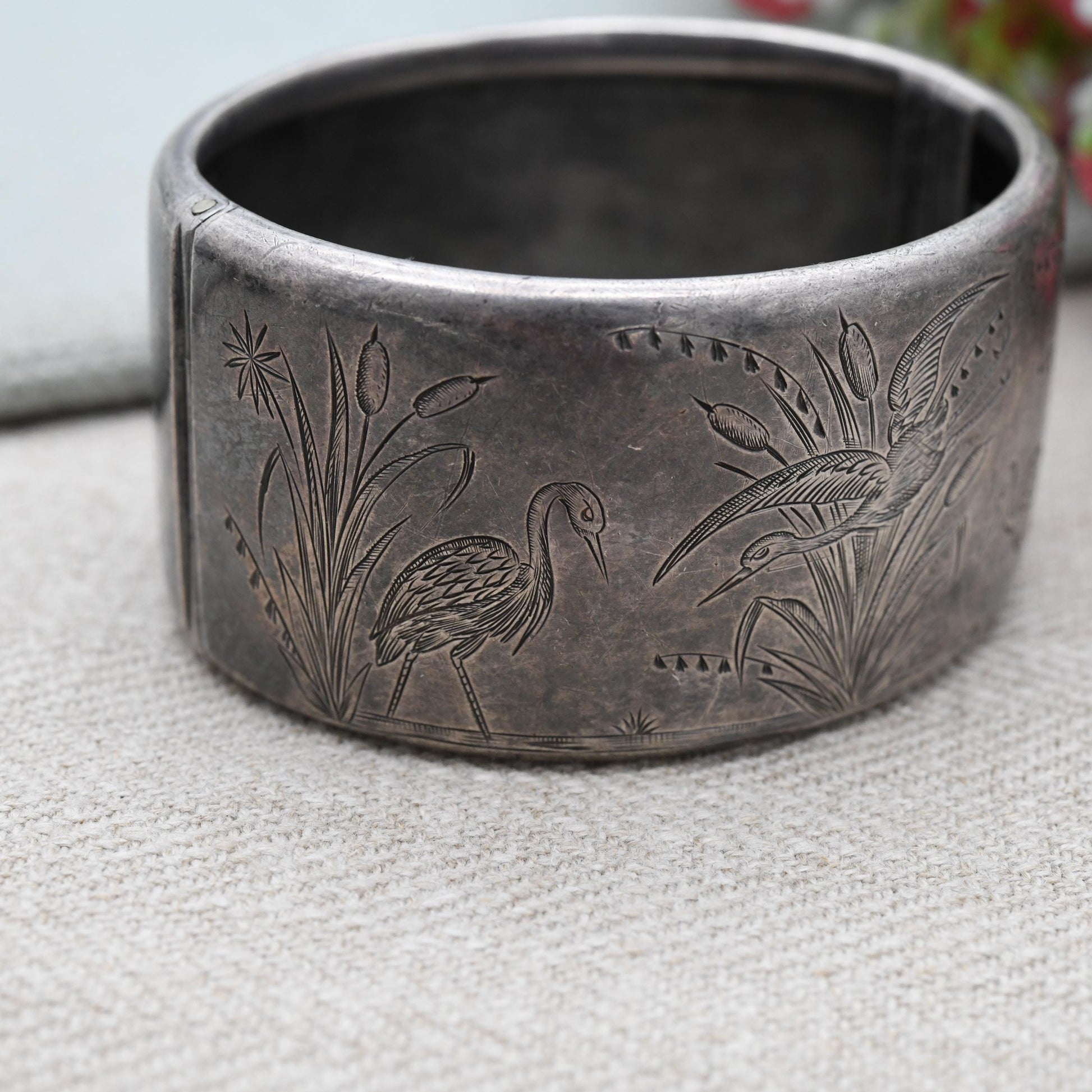 Antique Victorian Sterling Silver Aesthetic Bangle with Heron and Reed Design 1891