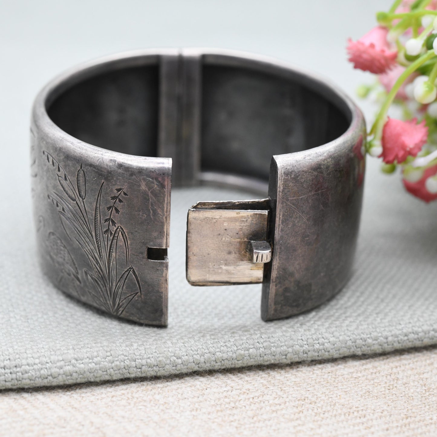 Antique Victorian Sterling Silver Aesthetic Bangle with Heron and Reed Design 1891