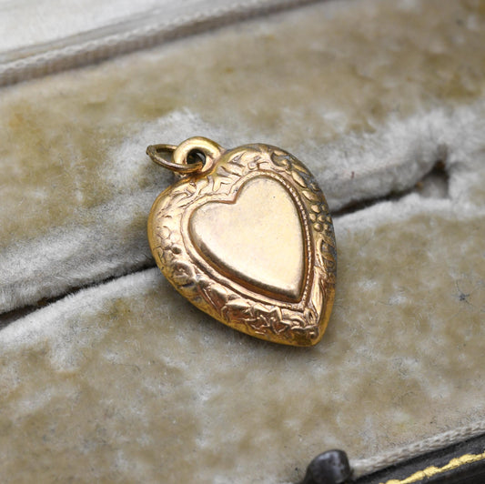 Antique 18ct Gold Cased Puffed Heart Pendant c. 1910s Edwardian Era