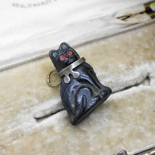Antique Lucky Cat Charm Pendant - Victorian Czech Cracker Glass Charm Novelty Animal Jewellery | Seated Sitting Cat with Ribbon Collar