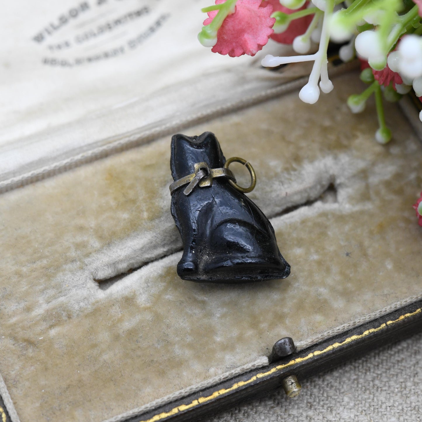 Antique Lucky Cat Charm Pendant - Victorian Czech Cracker Glass Charm Novelty Animal Jewellery | Seated Sitting Cat with Ribbon Collar