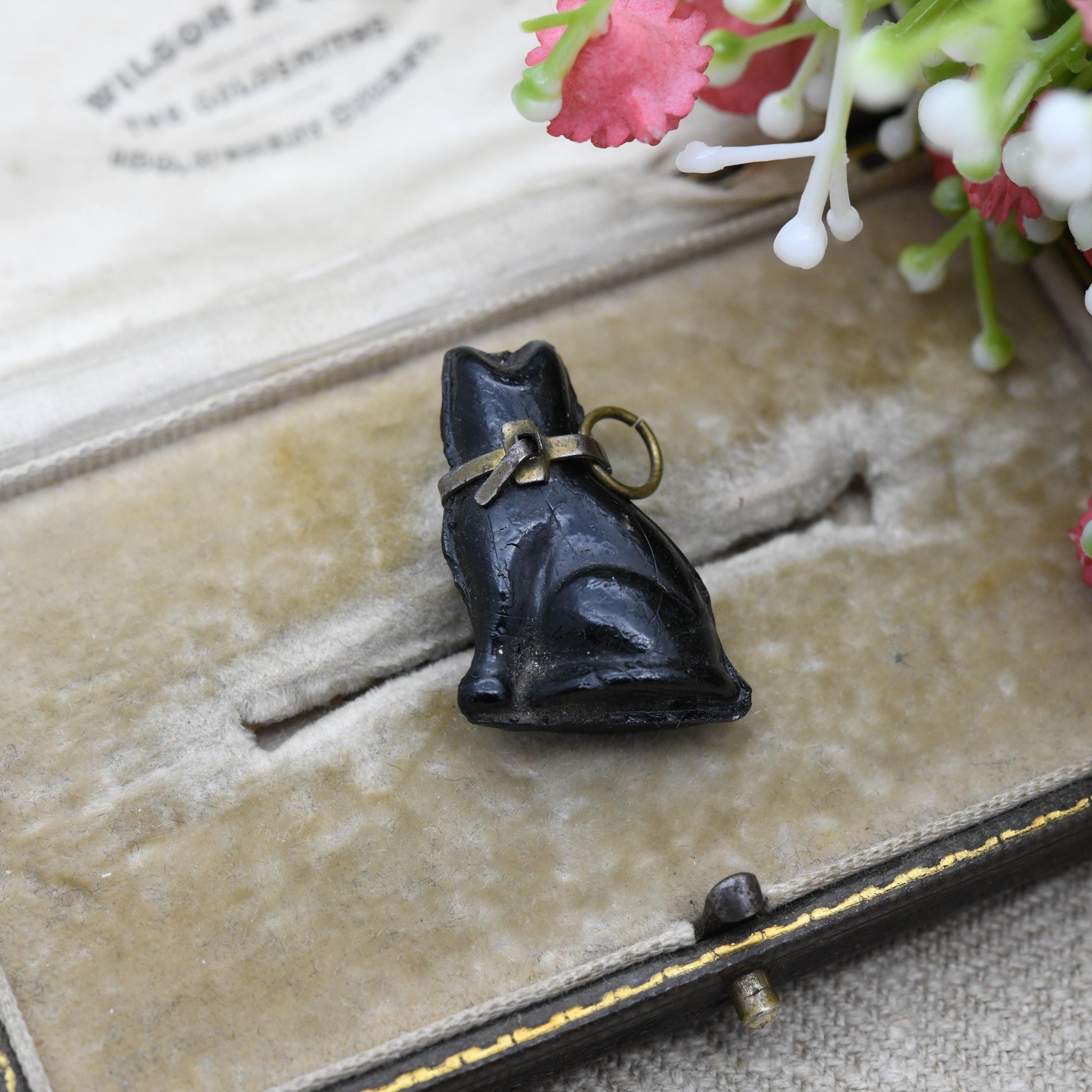 Antique Lucky Cat Charm Pendant - Victorian Czech Cracker Glass Charm Novelty Animal Jewellery | Seated Sitting Cat with Ribbon Collar