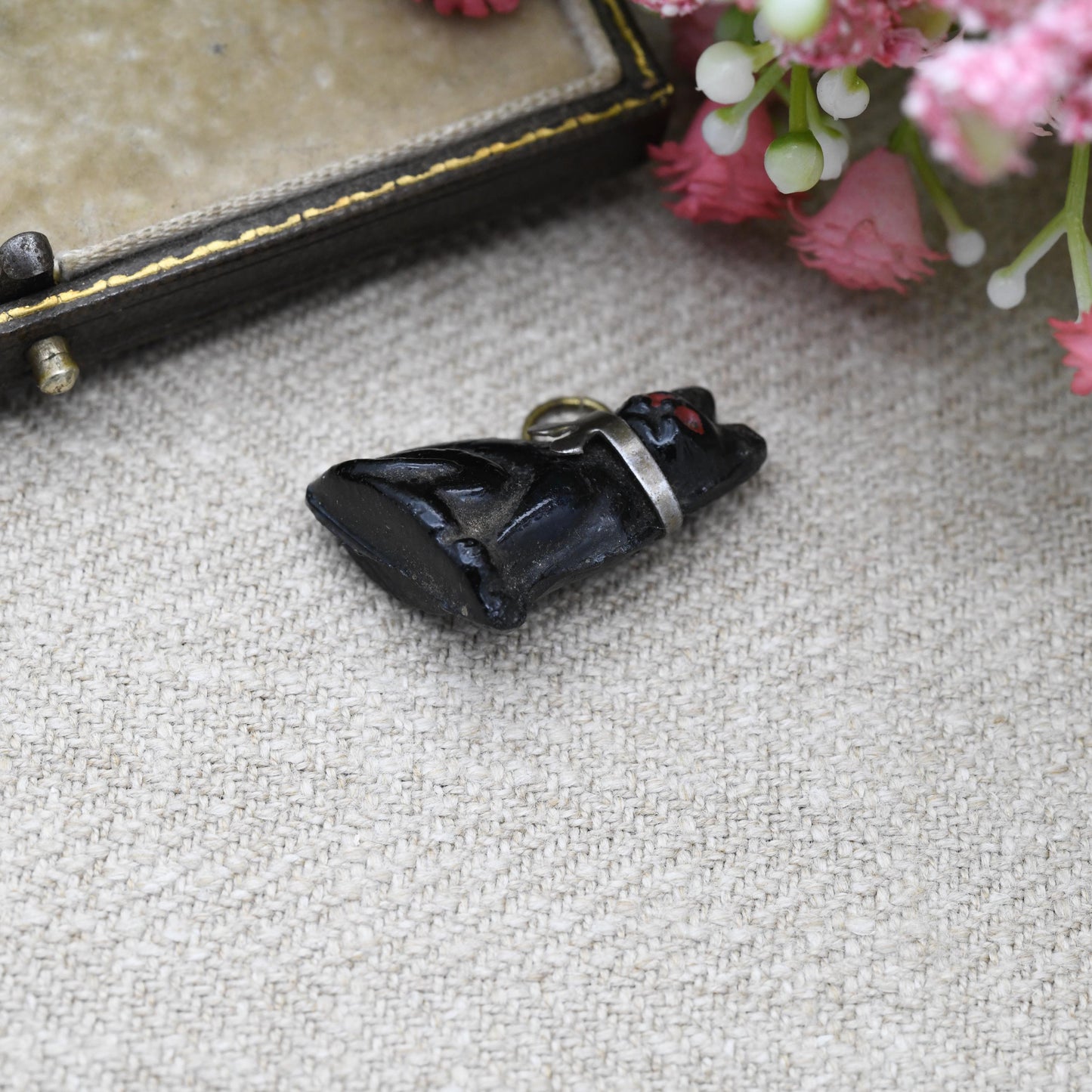Antique Lucky Cat Charm Pendant - Victorian Czech Cracker Glass Charm Novelty Animal Jewellery | Seated Sitting Cat with Ribbon Collar