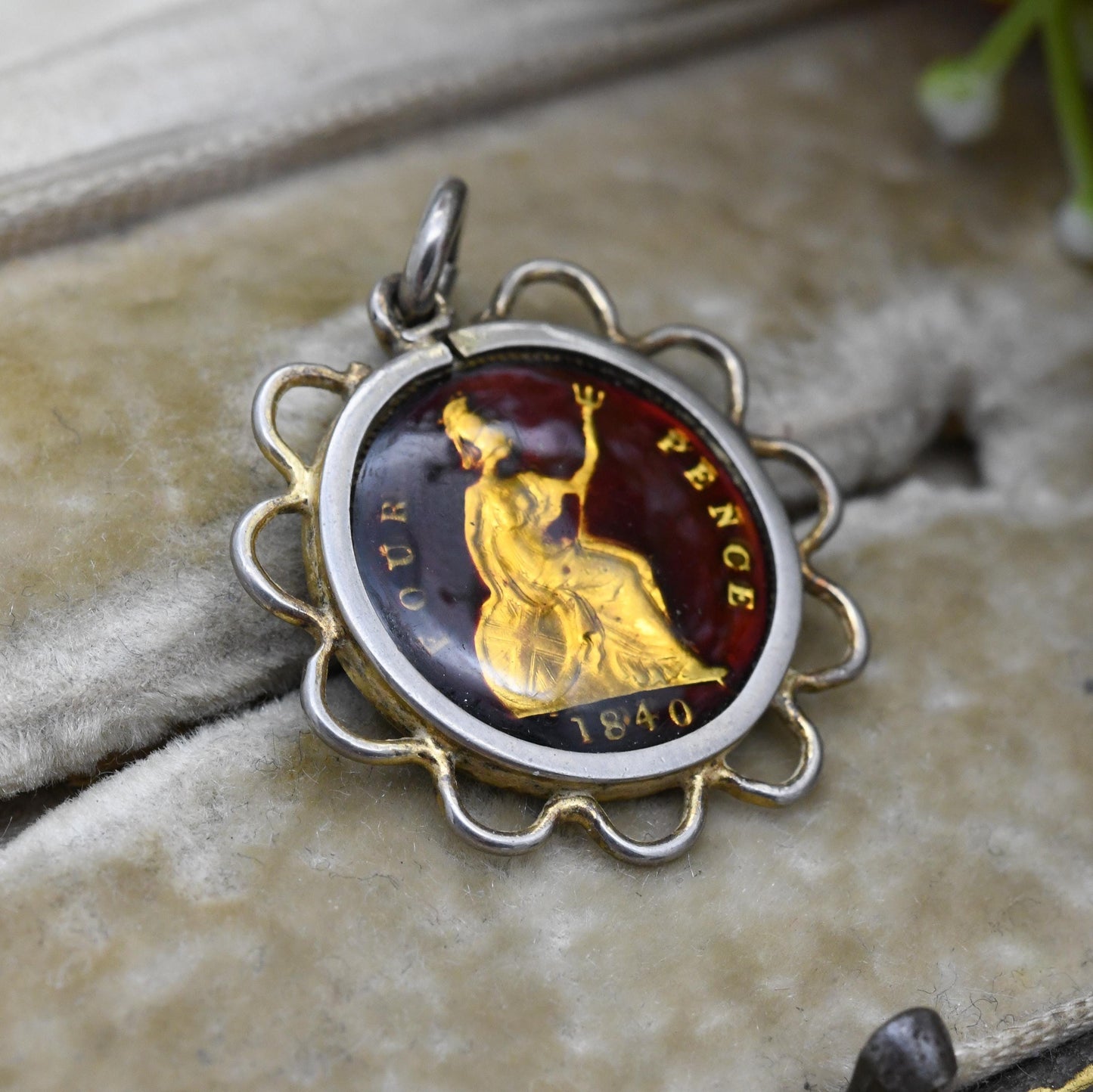 Antique 1840 Victoria Four Pence Coin Charm Pendant Sterling Silver Enamelled Britannia Groat - Gold Plated Coin Jewellery 4 Penny