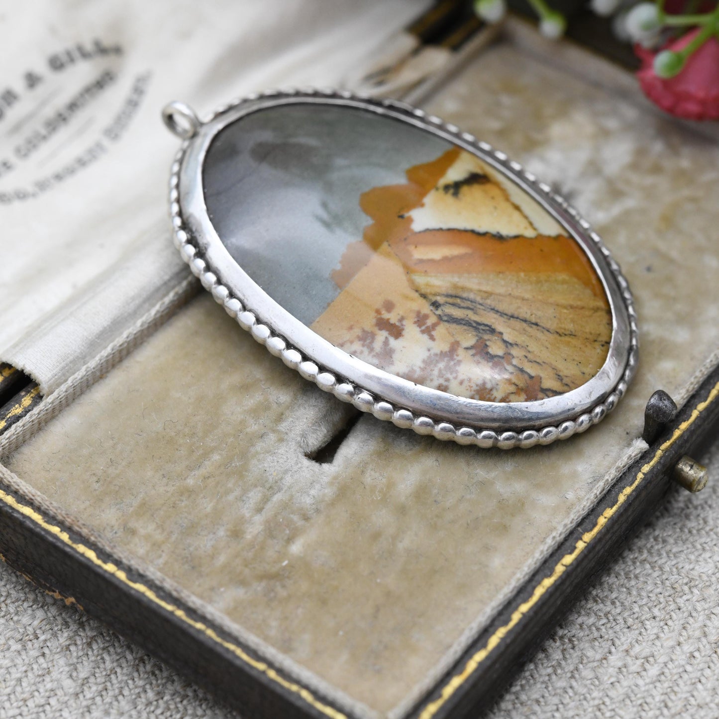 Vintage Owyhee Picture Jasper Pendant in Silver Mount - Large Oval Desert Scene Gemstone