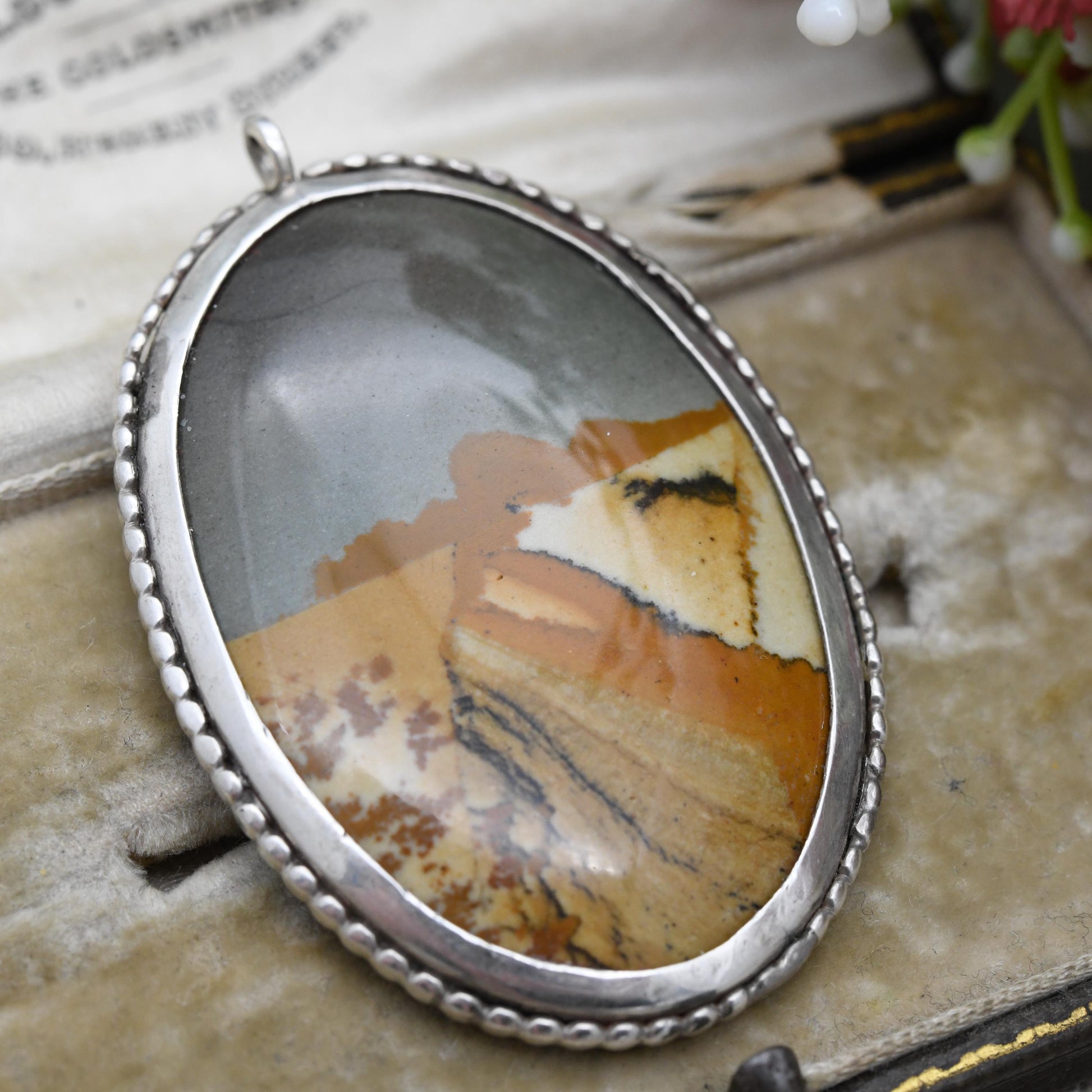 Vintage Owyhee Picture Jasper Pendant in Silver Mount - Large Oval Desert Scene Gemstone