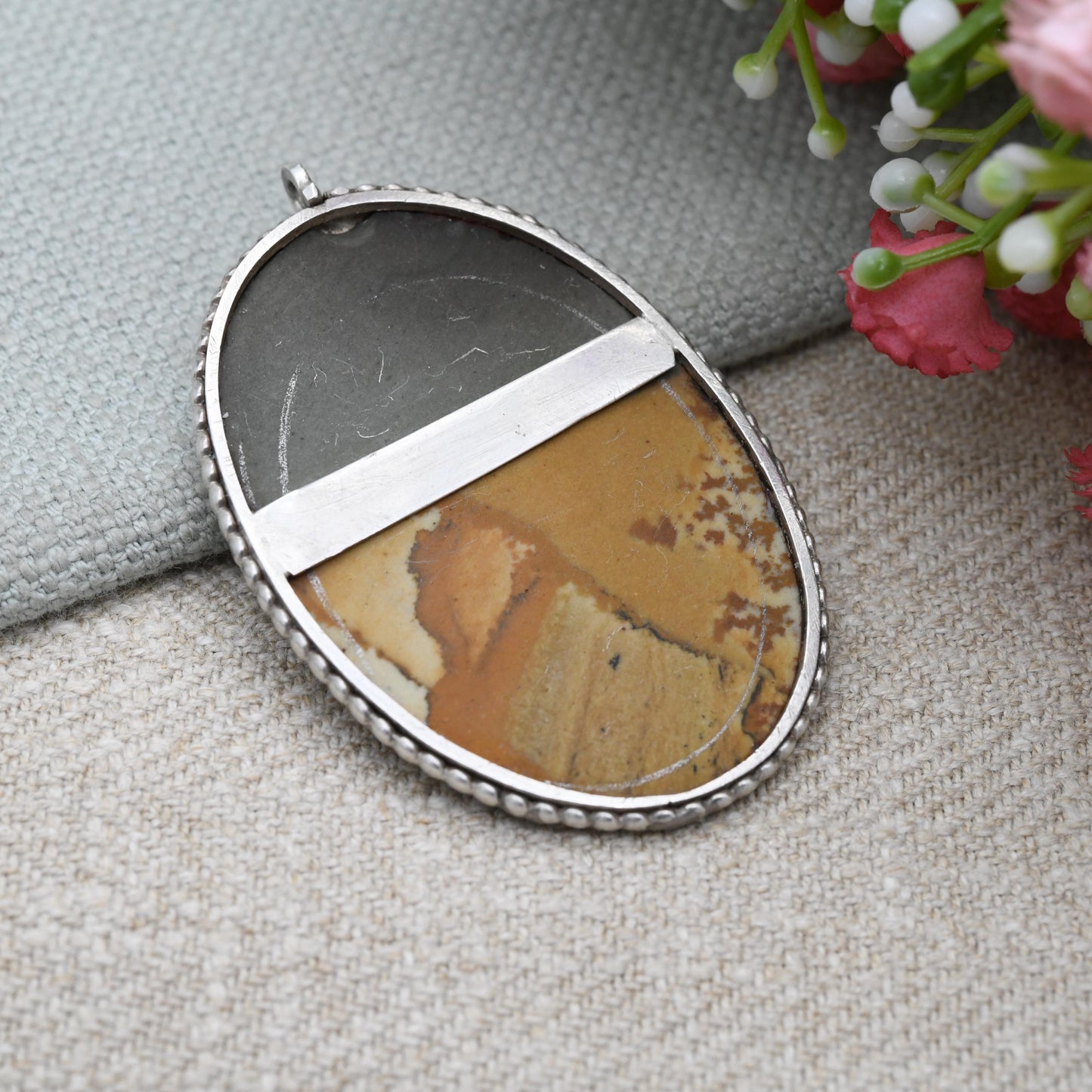 Vintage Owyhee Picture Jasper Pendant in Silver Mount - Large Oval Desert Scene Gemstone