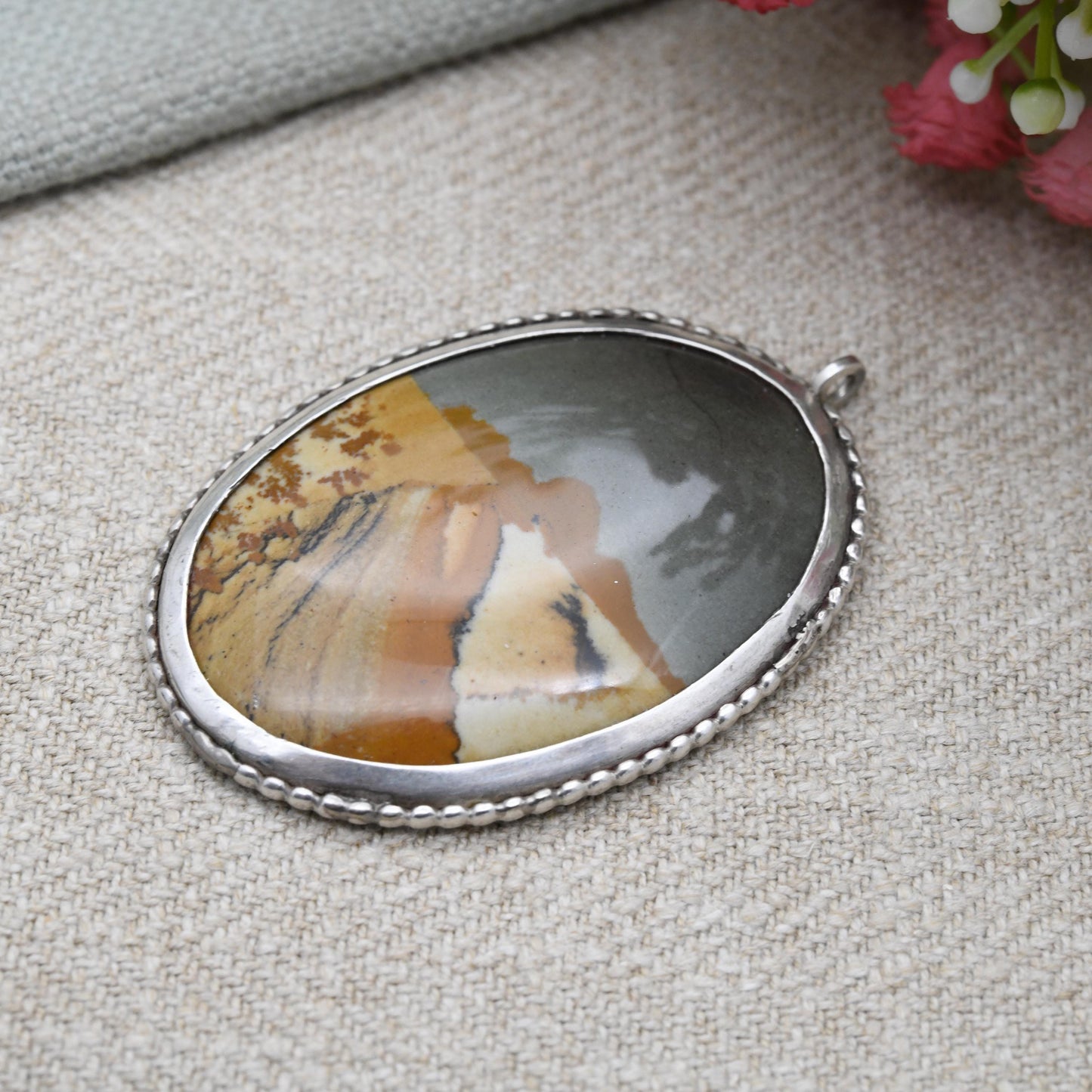 Vintage Owyhee Picture Jasper Pendant in Silver Mount - Large Oval Desert Scene Gemstone