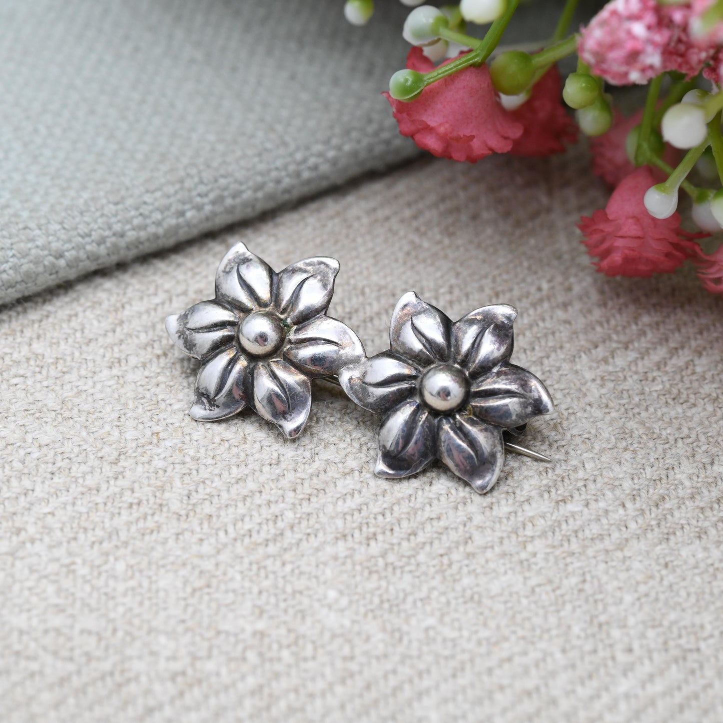 Vintage Silver Hermann Siersbol Double Flower Brooch Danish Designer - Made in Denmark | Mid-Century Collectable Scandi Scandinavian Silver