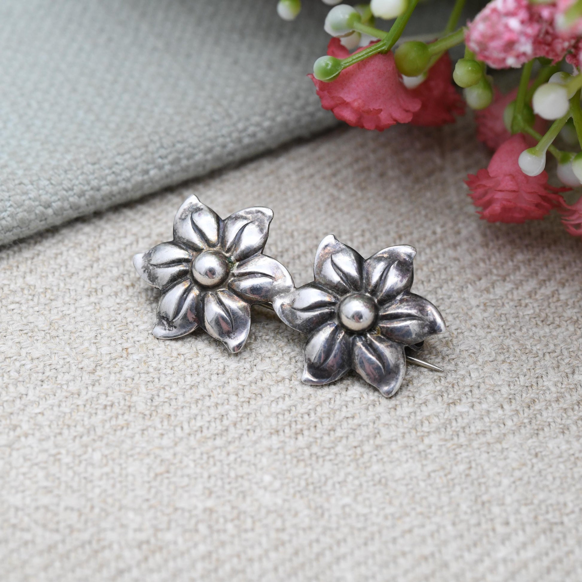 Vintage Silver Hermann Siersbol Double Flower Brooch Danish Designer - Made in Denmark | Mid-Century Collectable Scandi Scandinavian Silver