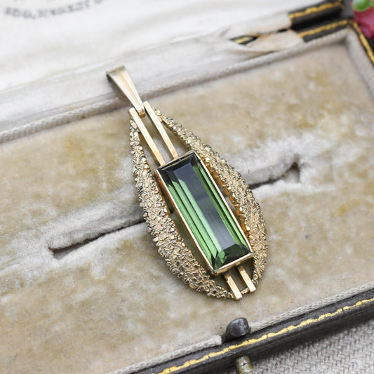 Vintage Kollmar & Jourdan Rolled Gold Pendant KJ c. 1960s - Mid-Century Large Green Stone | German Designer