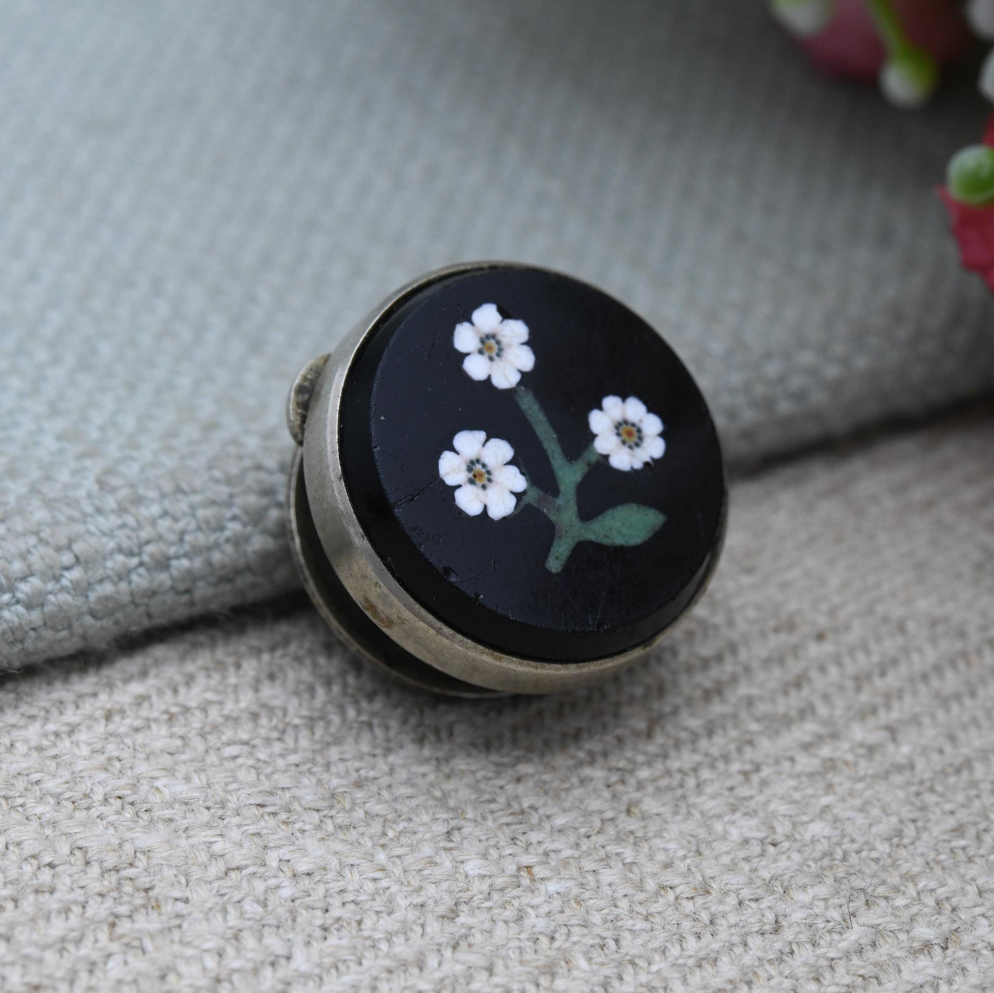 Antique Victorian Pietra Dura Button George West's Patent c. 1870 to 1890 - Solitaire Spring Fastener Bachelor Button Hardstone Inlay Mosaic