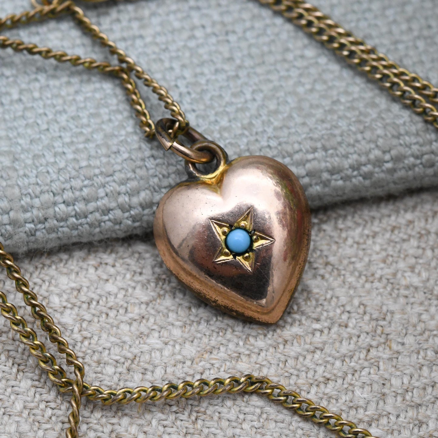 Antique Rolled Gold Puffed Heart Pendant Necklace with Faux Turquoise