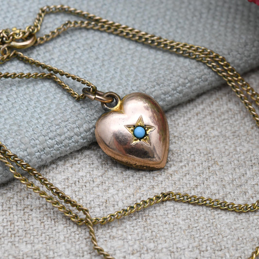 Antique Rolled Gold Puffed Heart Pendant Necklace with Faux Turquoise