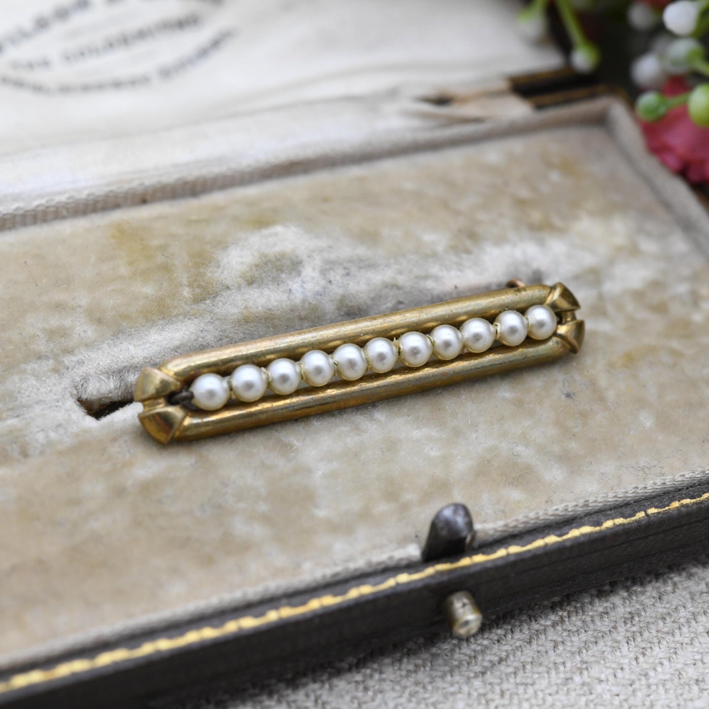 True Vintage Rolled Gold Faux Pearl Bar Brooch c. 1910s to 1930s