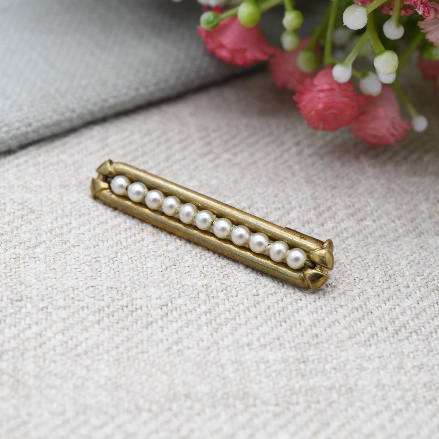 True Vintage Rolled Gold Faux Pearl Bar Brooch c. 1910s to 1930s