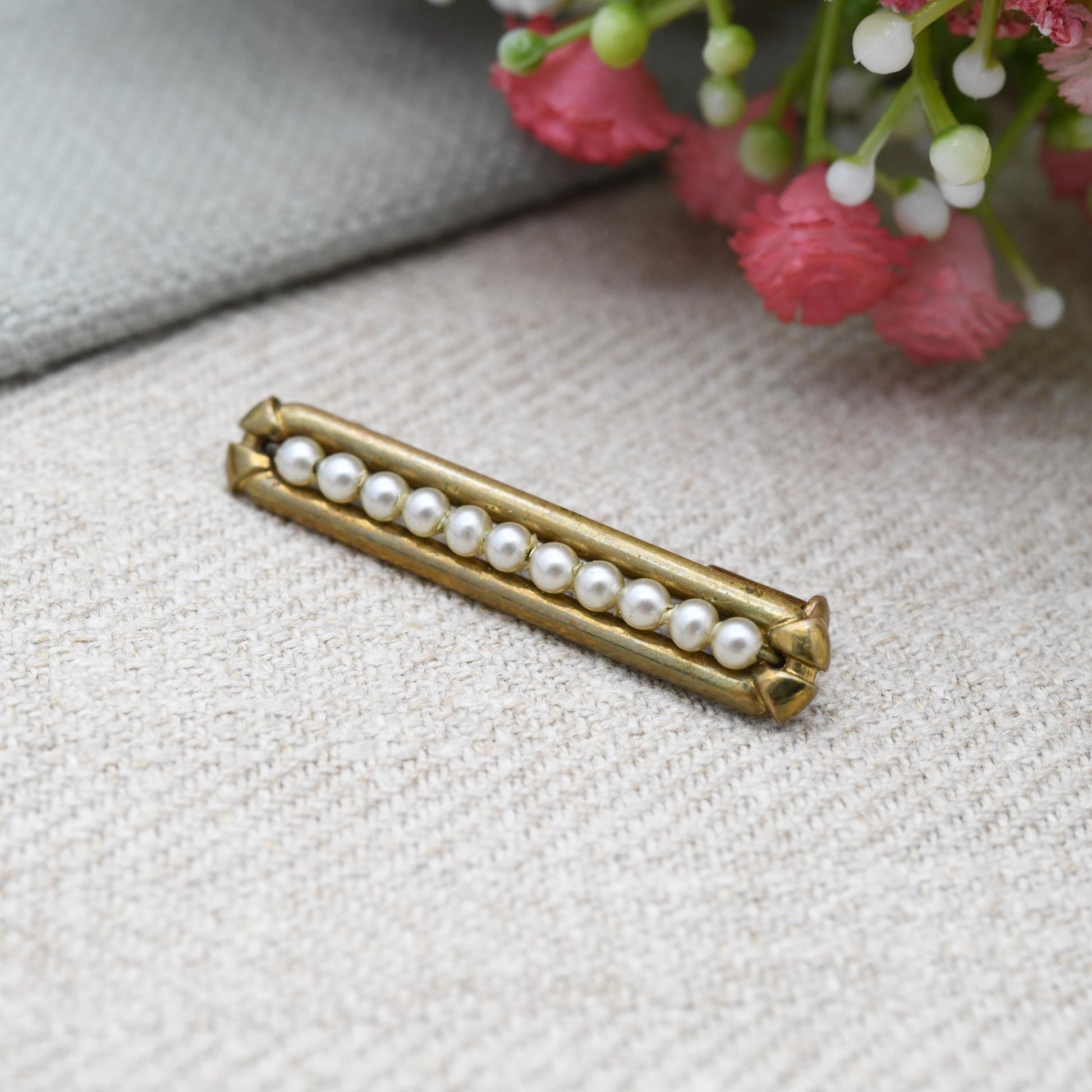 True Vintage Rolled Gold Faux Pearl Bar Brooch c. 1910s to 1930s