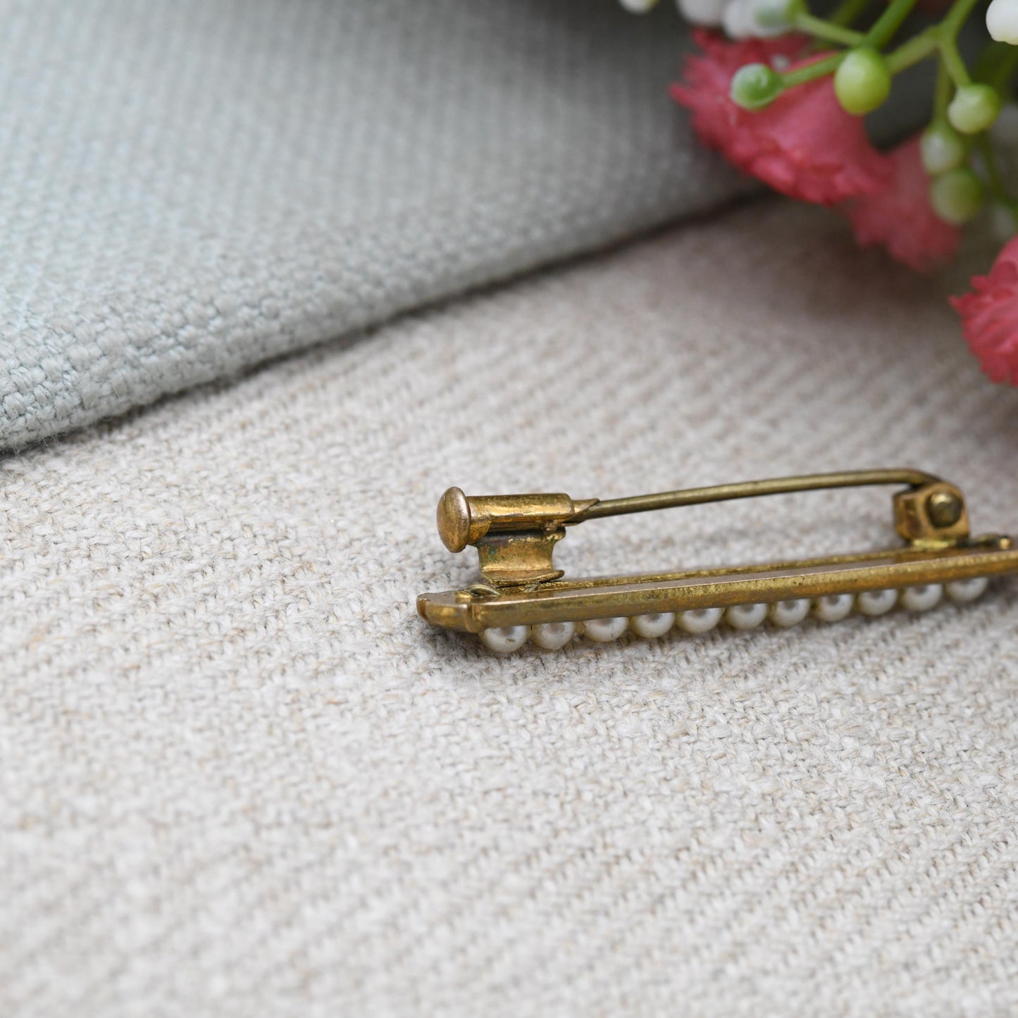 True Vintage Rolled Gold Faux Pearl Bar Brooch c. 1910s to 1930s