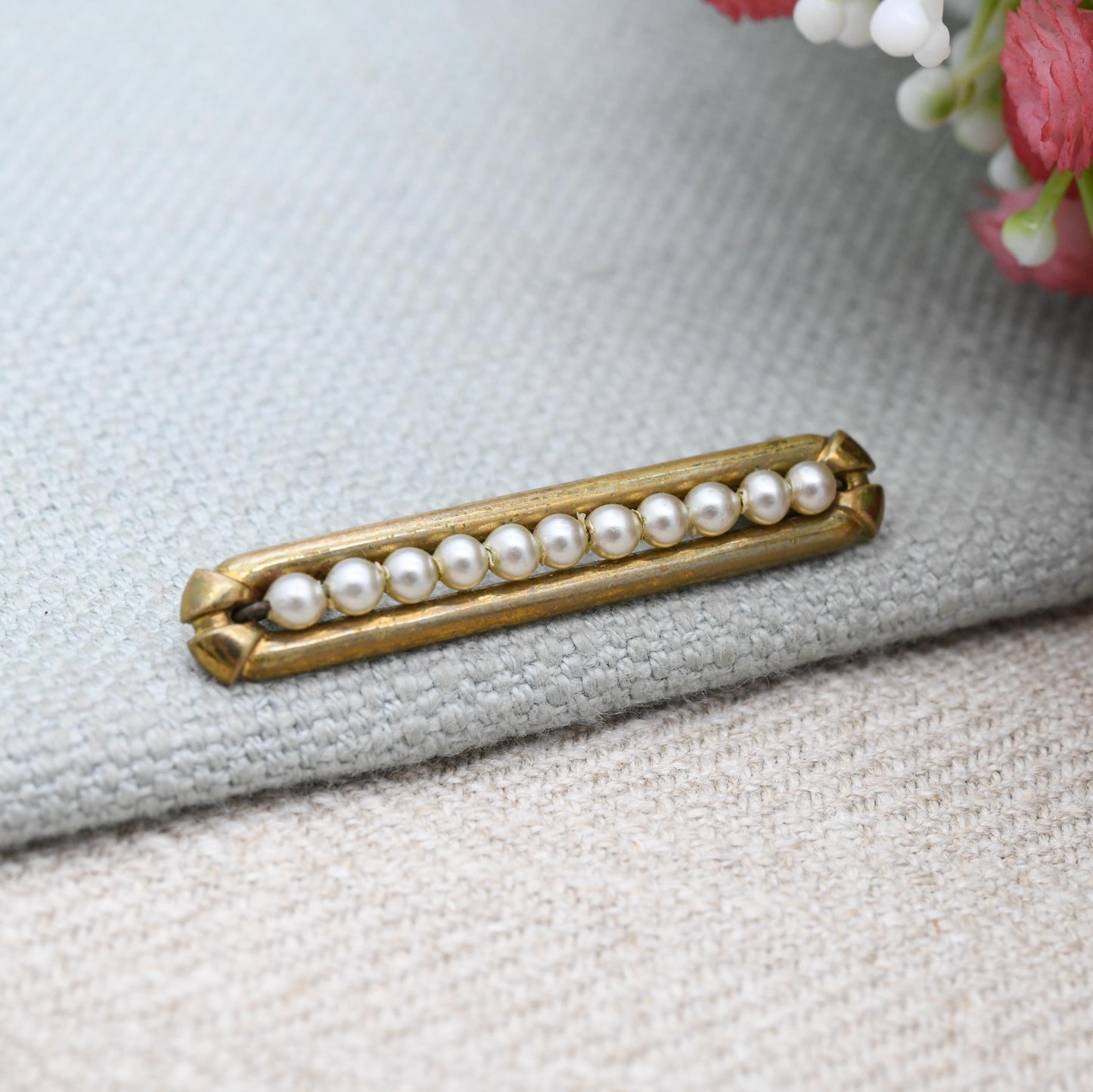 True Vintage Rolled Gold Faux Pearl Bar Brooch c. 1910s to 1930s
