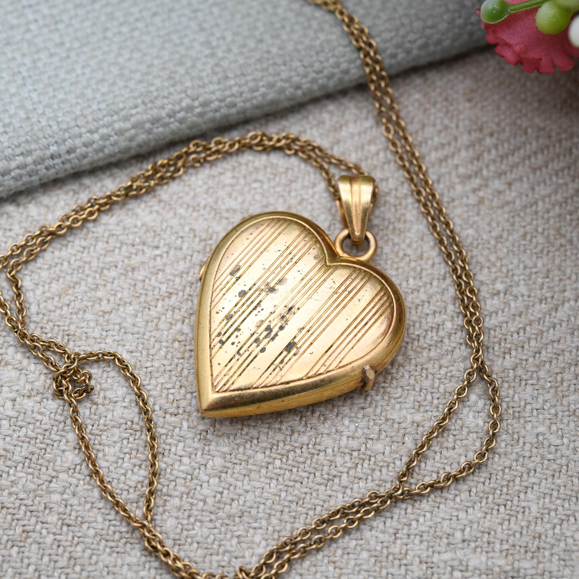 Vintage Rolled Gold Heart Locket Pendant Necklace on Chain by Rodi Wienenberger - Pin Stripe Design